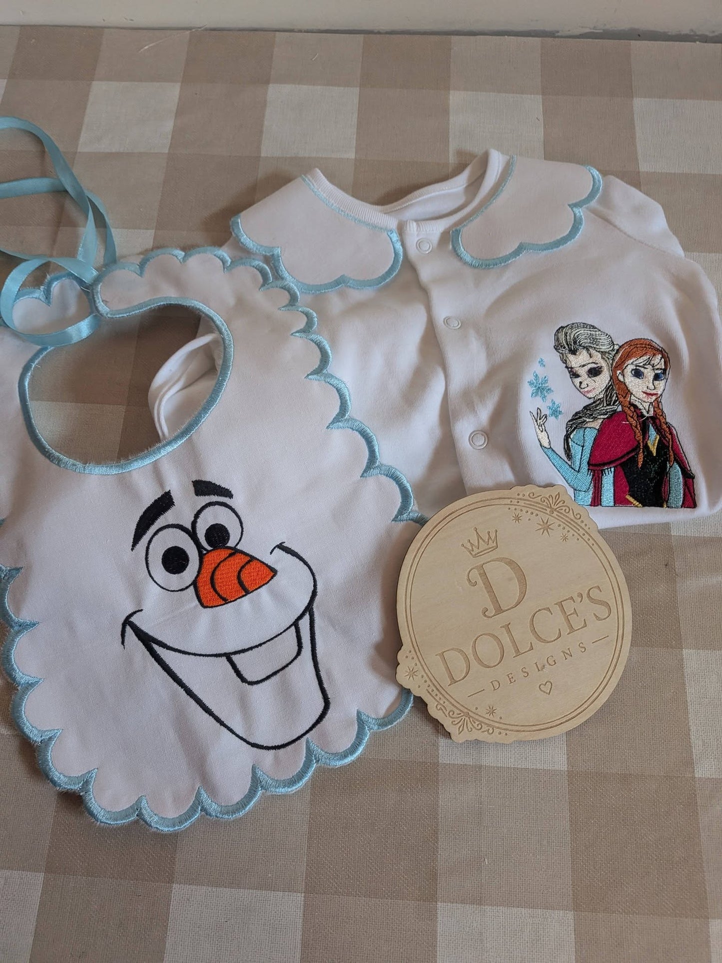 Personalised Frozen Inspired Baby Set | Embroidered Babygrow & Handmade Scalloped Bib