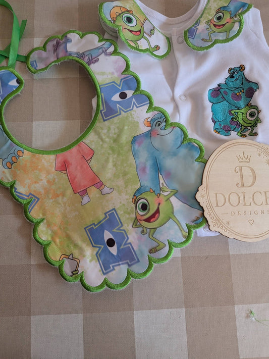 Personalised Monsters Inc Baby Set | Embroidered Babygrow & Handmade Scalloped Bib