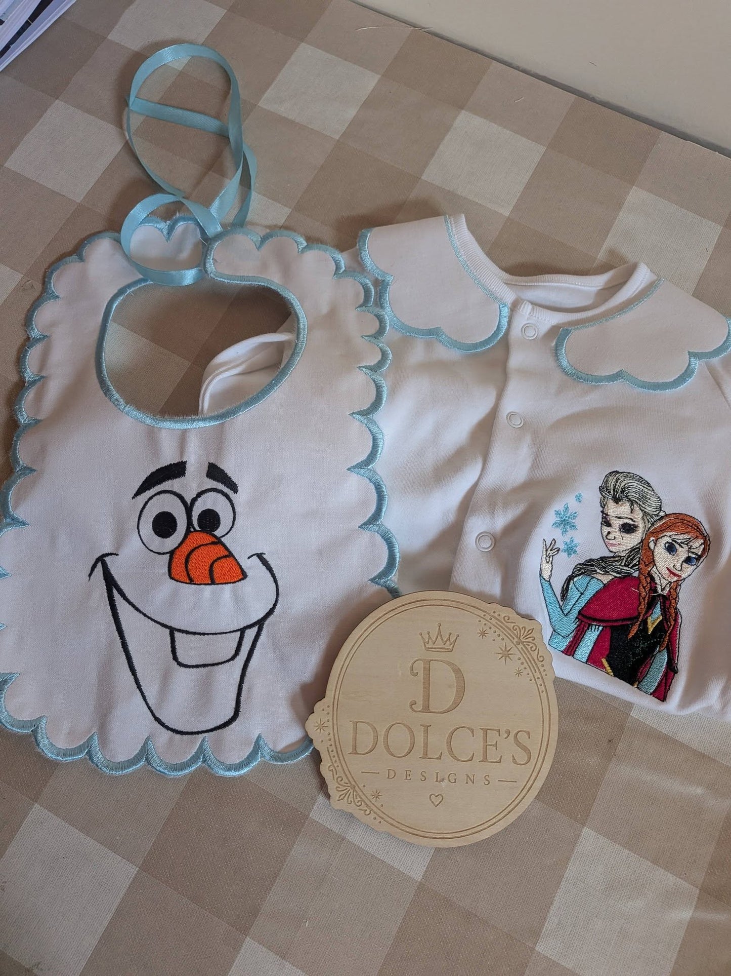 Personalised Frozen Inspired Baby Set | Embroidered Babygrow & Handmade Scalloped Bib