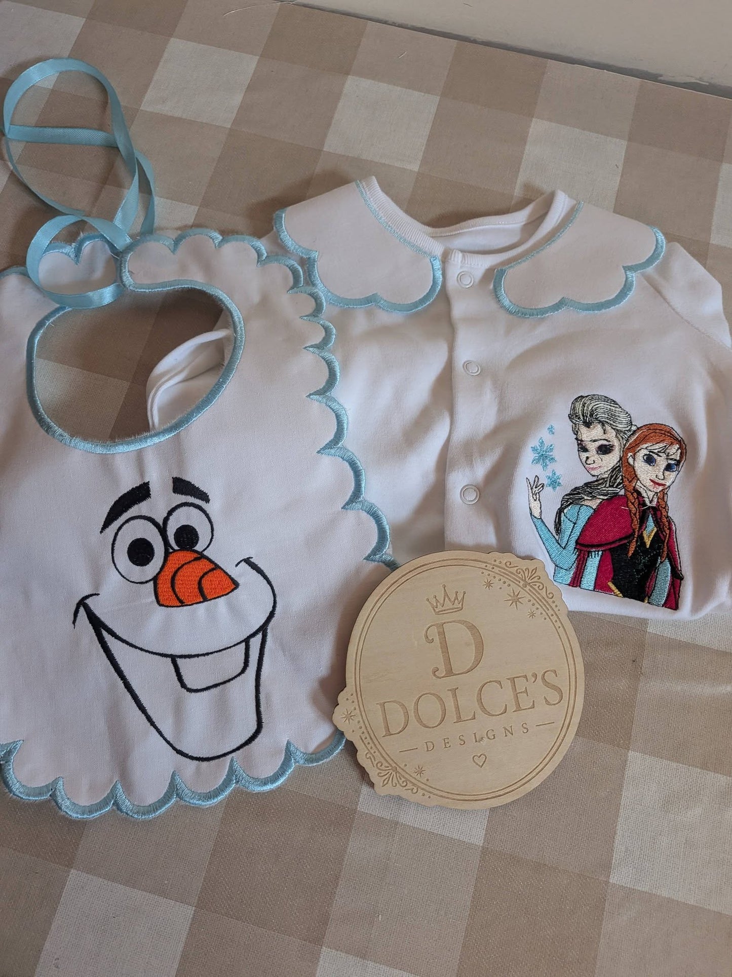 Personalised Frozen Inspired Baby Set | Embroidered Babygrow & Handmade Scalloped Bib