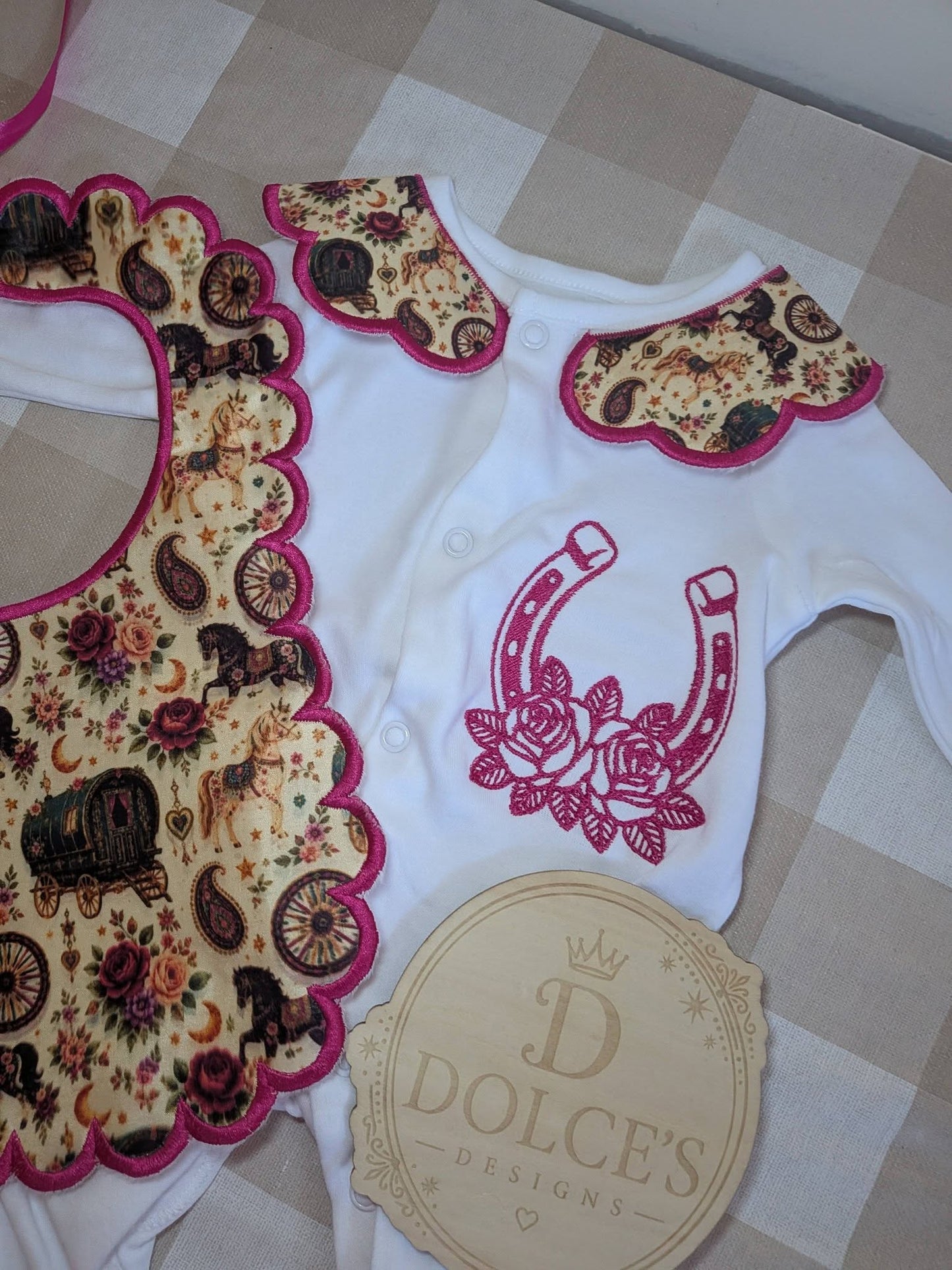Personalised Romany Gypsy Traveller Wagon Baby Girl Set | Embroidered Babygrow & Handmade Bib
