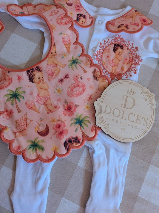 Personalised Summer Baby Girl Set | Embroidered Babygrow & Handmade Scalloped Bib