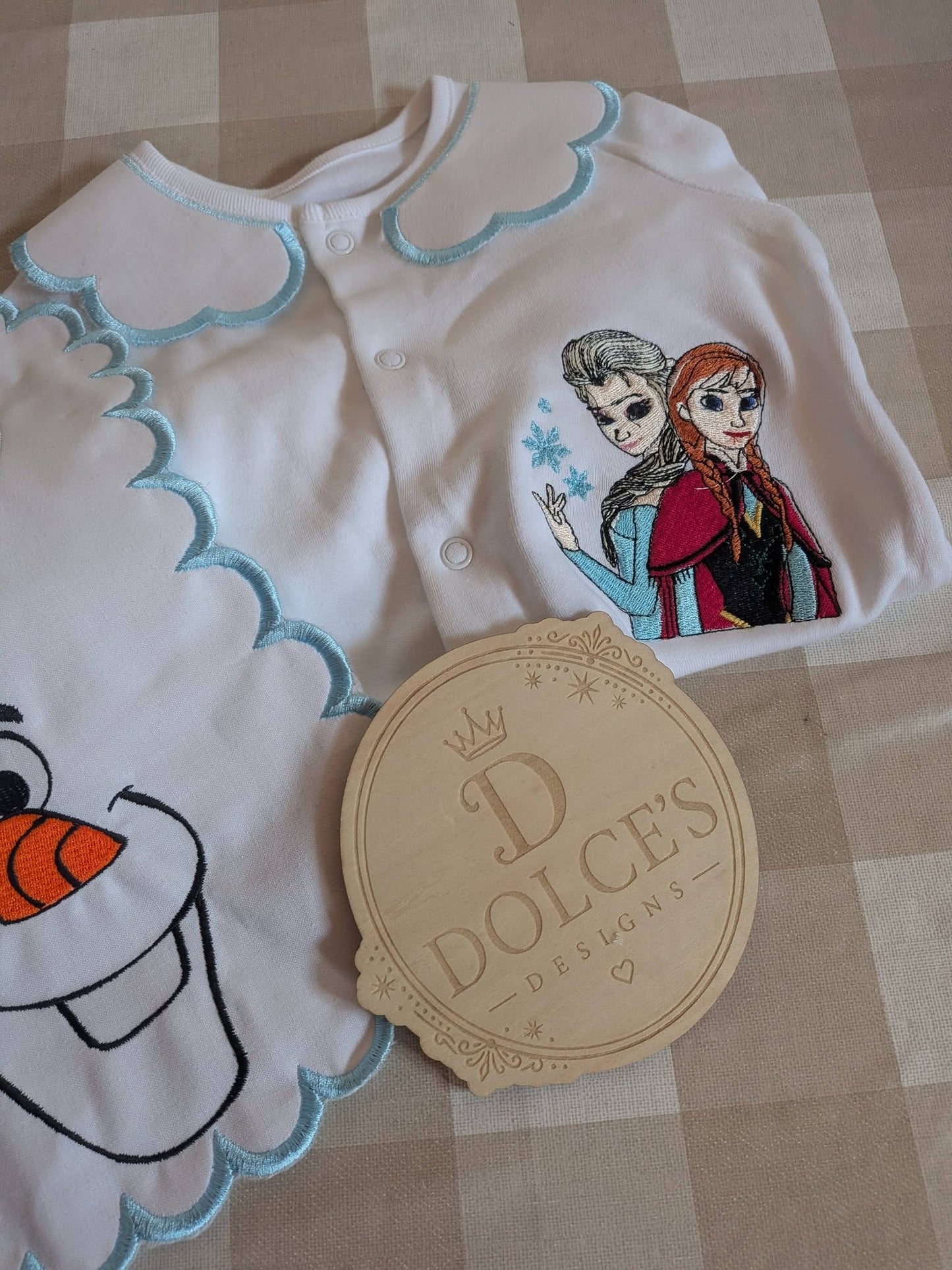 Personalised Frozen Inspired Baby Set | Embroidered Babygrow & Handmade Scalloped Bib