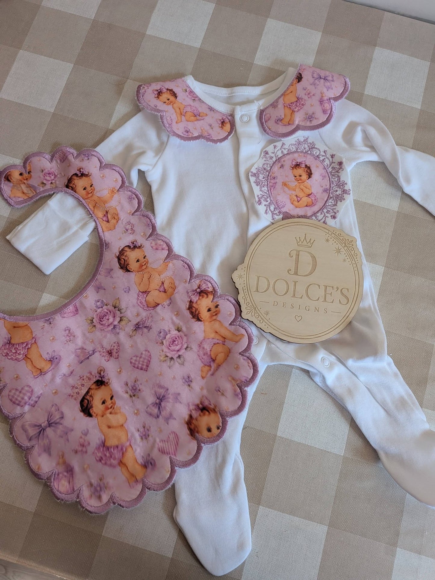 Personalised Lilac Baby Girl Set | Embroidered Babygrow & Handmade Scalloped Bib