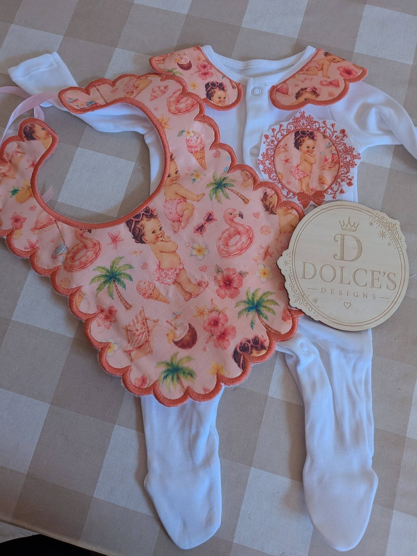 Personalised Summer Baby Girl Set | Embroidered Babygrow & Handmade Scalloped Bib
