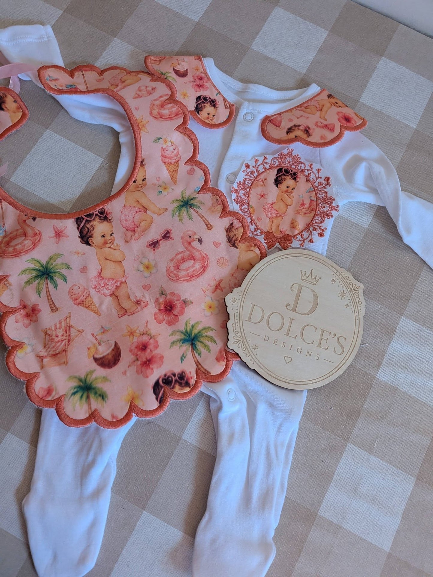Personalised Summer Baby Girl Set | Embroidered Babygrow & Handmade Scalloped Bib