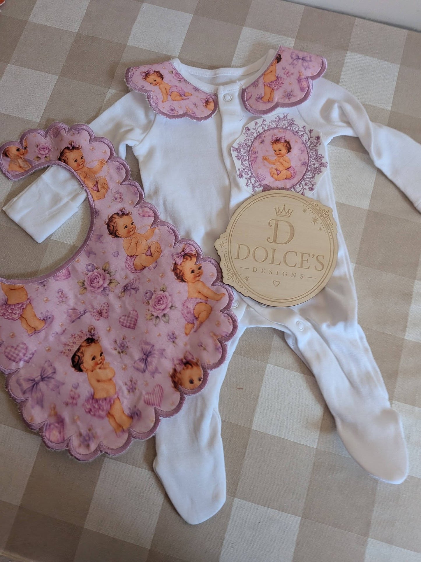 Personalised Lilac Baby Girl Set | Embroidered Babygrow & Handmade Scalloped Bib