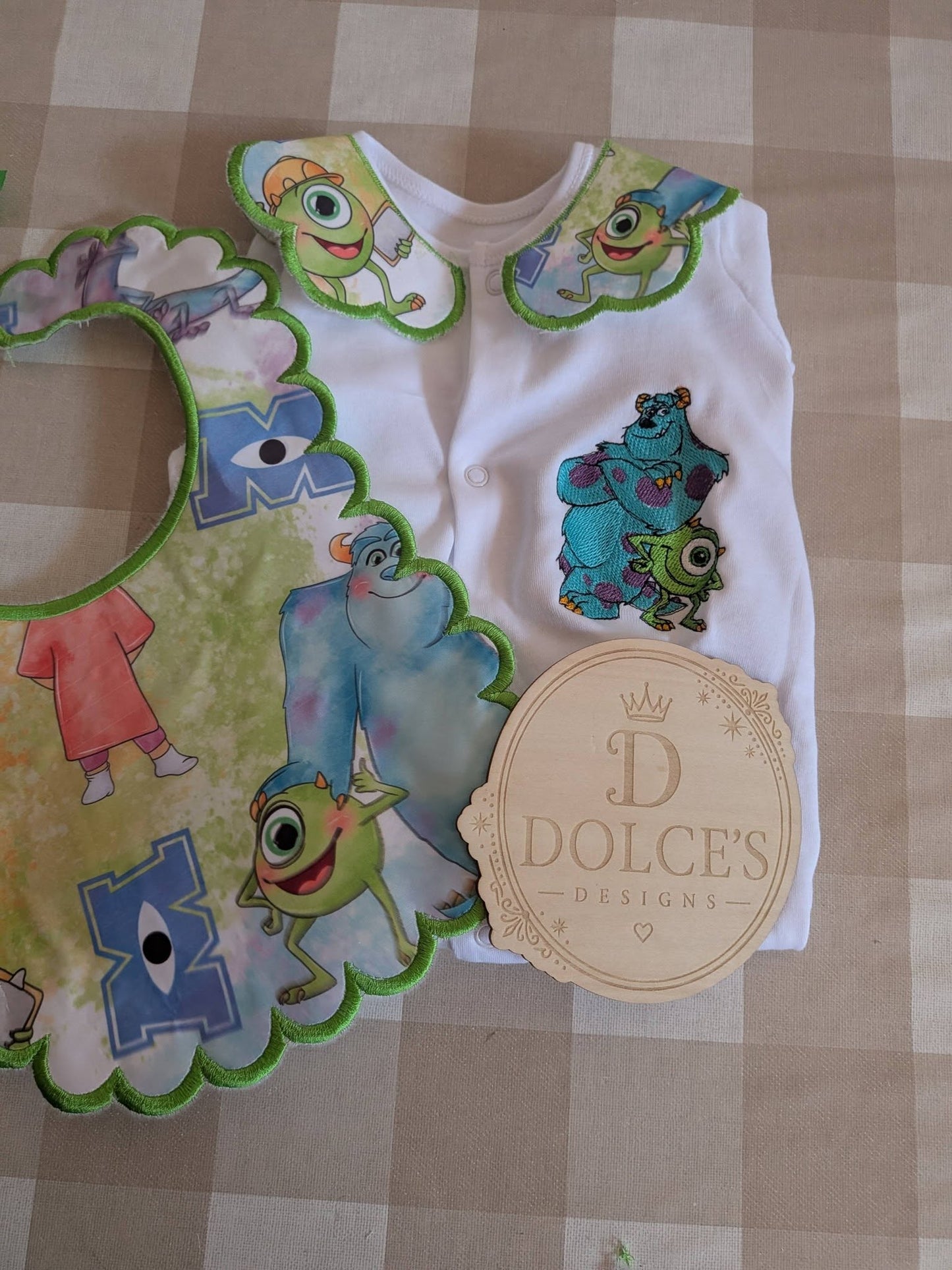 Personalised Monsters Inc Baby Set | Embroidered Babygrow & Handmade Scalloped Bib