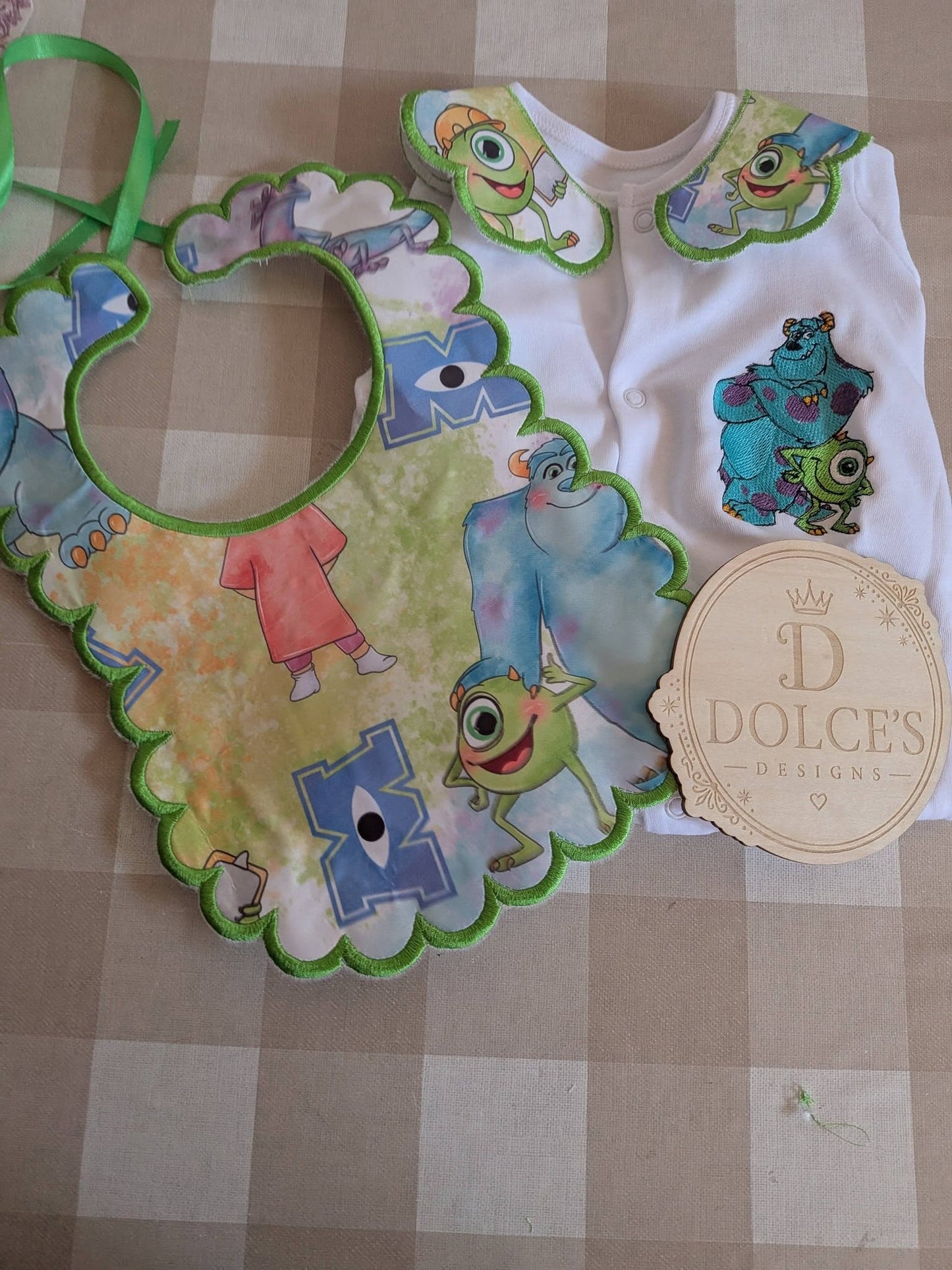 Personalised Monsters Inc Baby Set | Embroidered Babygrow & Handmade Scalloped Bib