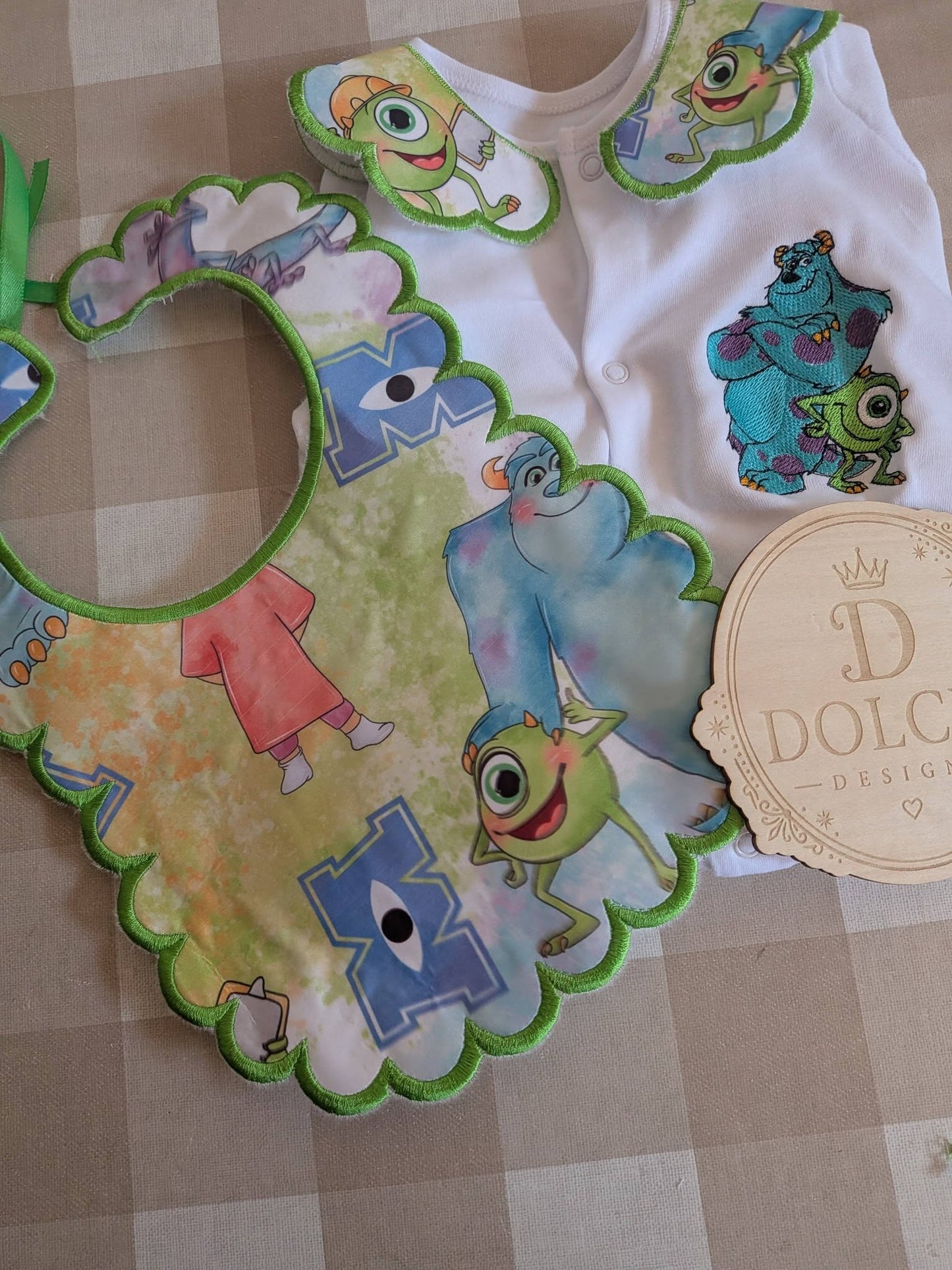 Personalised Monsters Inc Baby Set | Embroidered Babygrow & Handmade Scalloped Bib