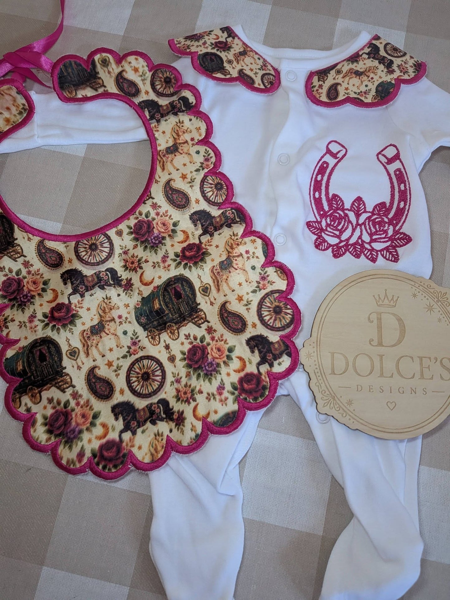 Personalised Romany Gypsy Traveller Wagon Baby Girl Set | Embroidered Babygrow & Handmade Bib