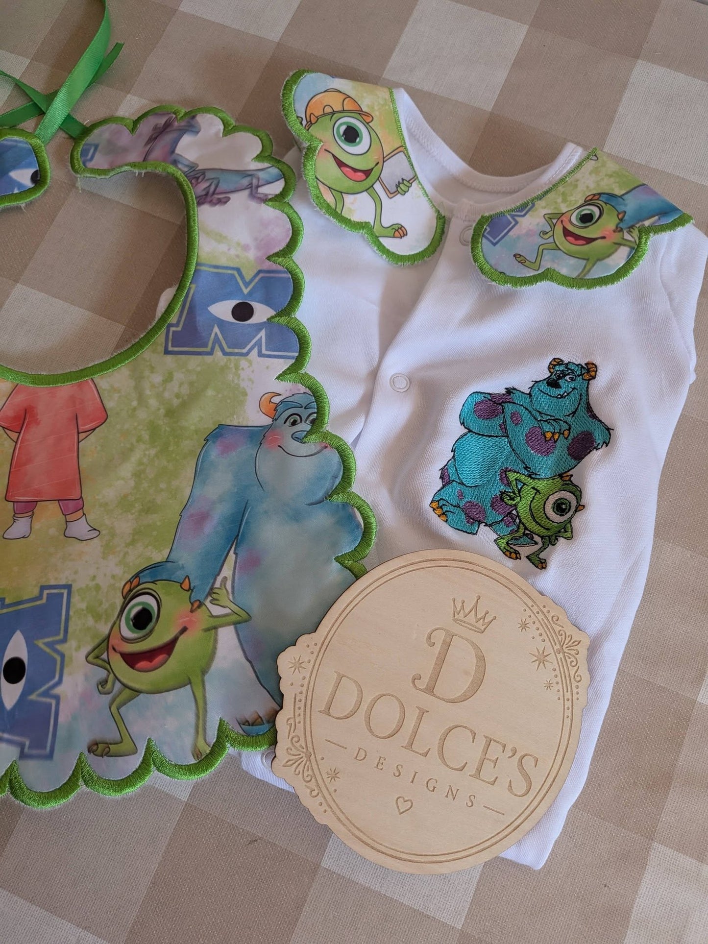 Personalised Monsters Inc Baby Set | Embroidered Babygrow & Handmade Scalloped Bib