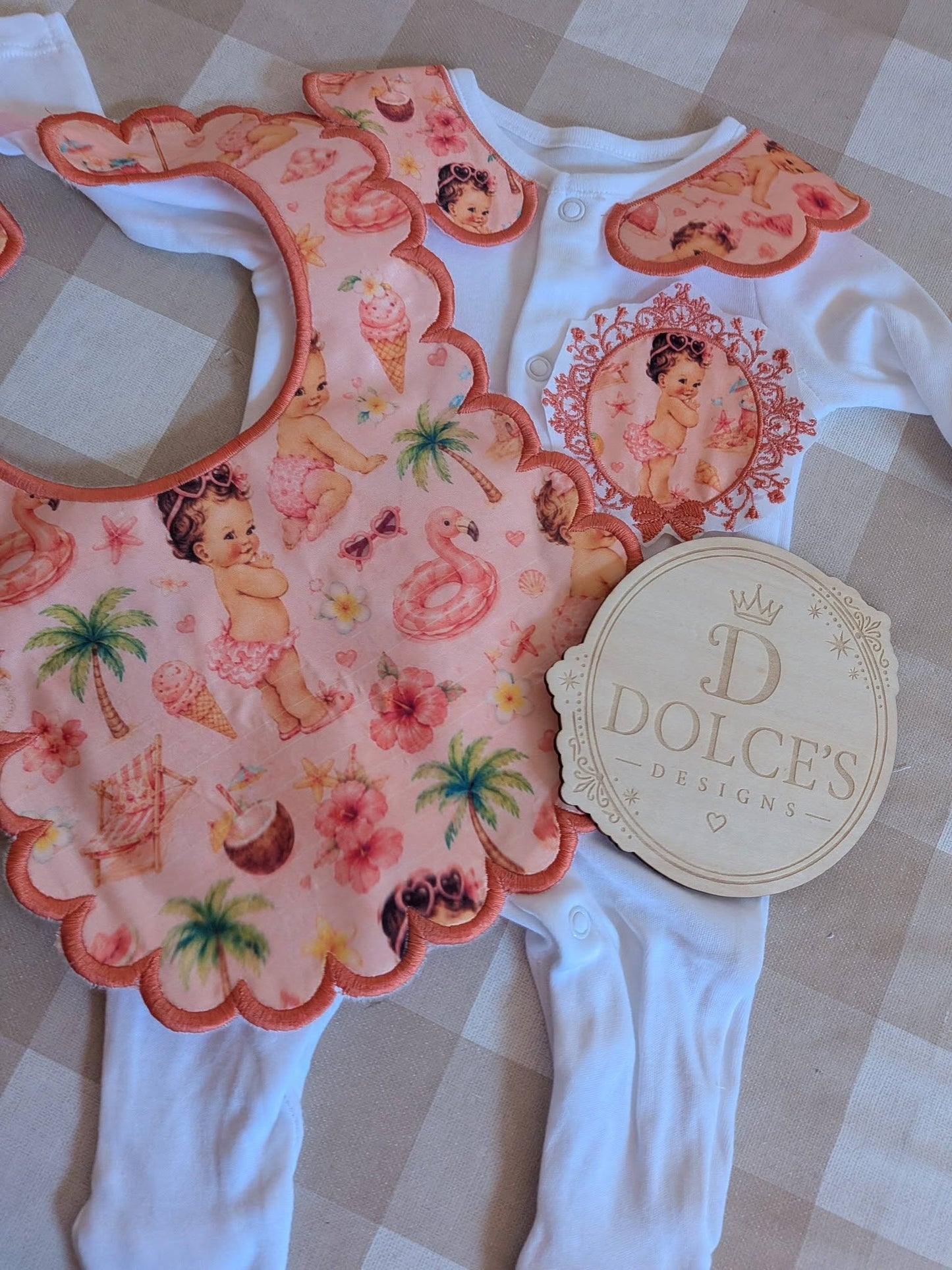 Personalised Summer Baby Girl Set | Embroidered Babygrow & Handmade Scalloped Bib