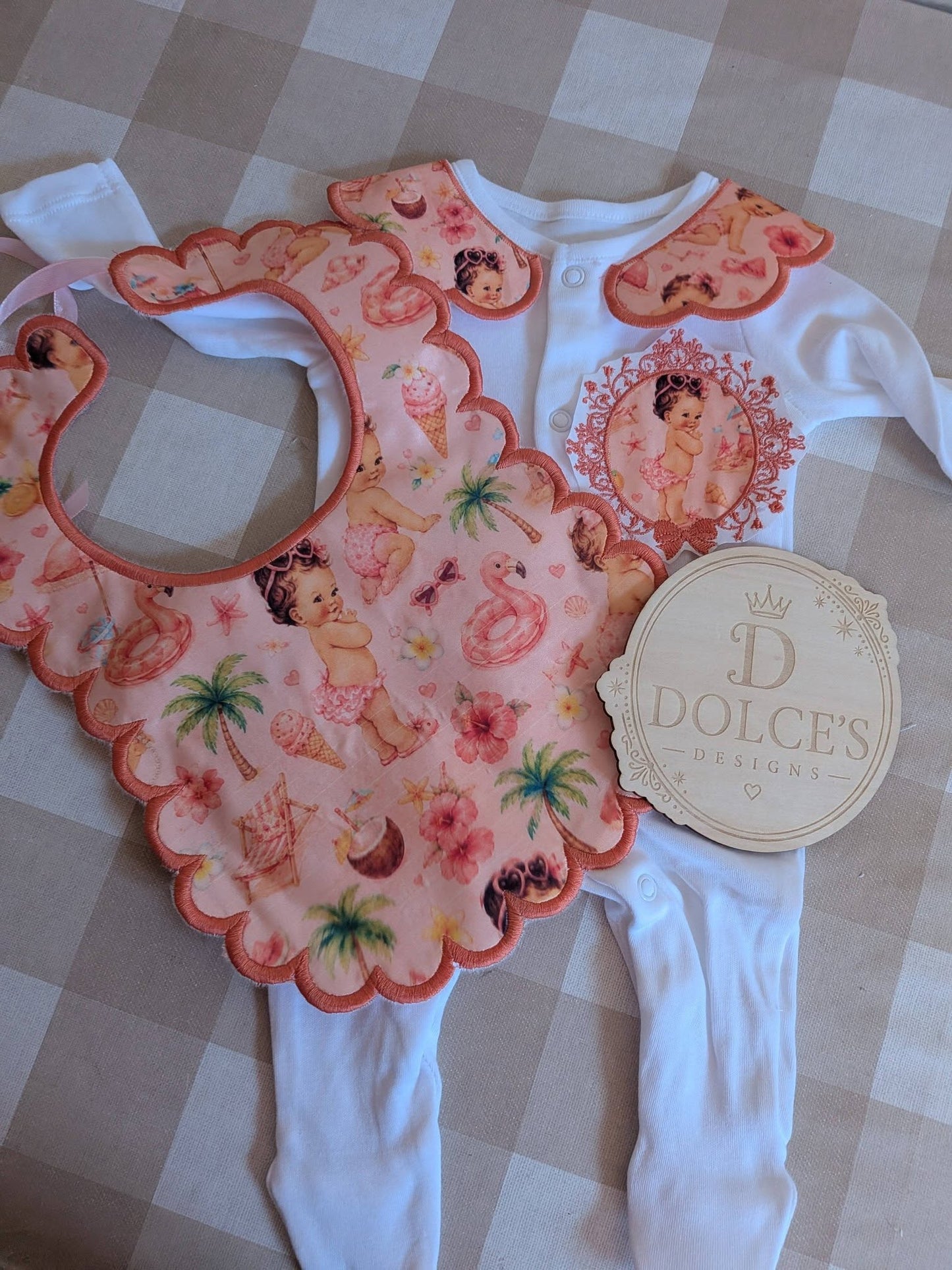 Personalised Summer Baby Girl Set | Embroidered Babygrow & Handmade Scalloped Bib