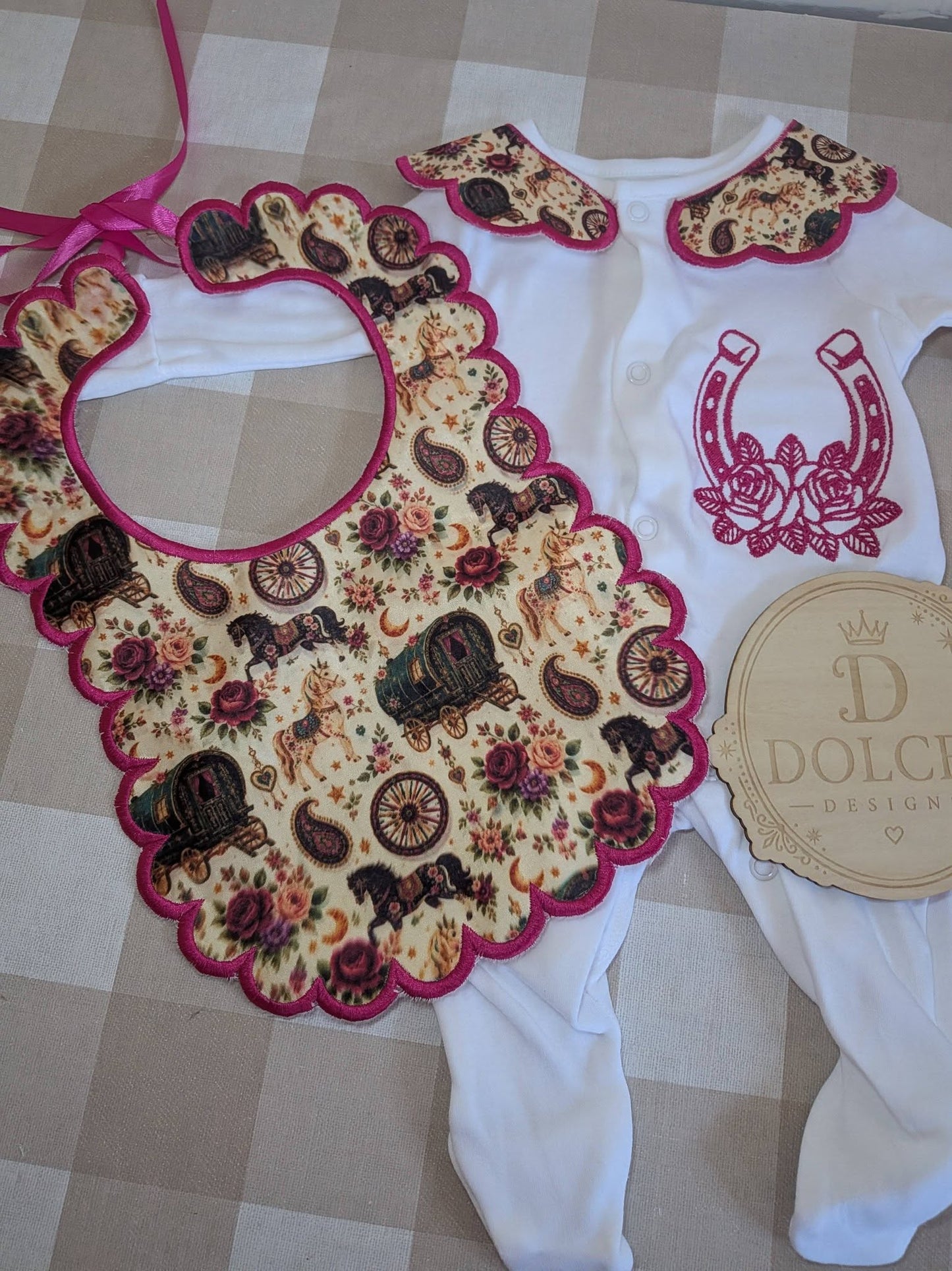 Personalised Romany Gypsy Traveller Wagon Baby Girl Set | Embroidered Babygrow & Handmade Bib