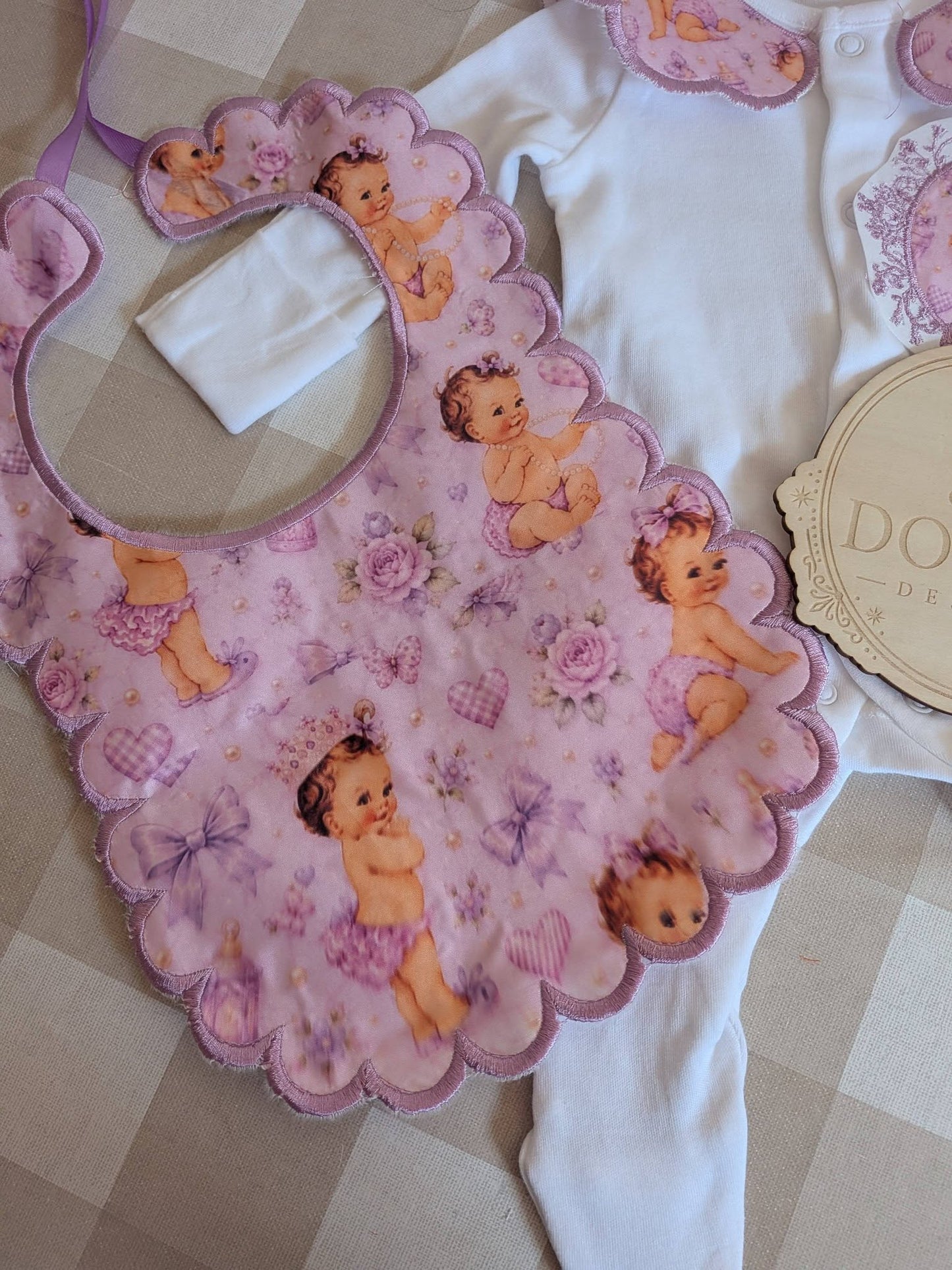 Personalised Lilac Baby Girl Set | Embroidered Babygrow & Handmade Scalloped Bib