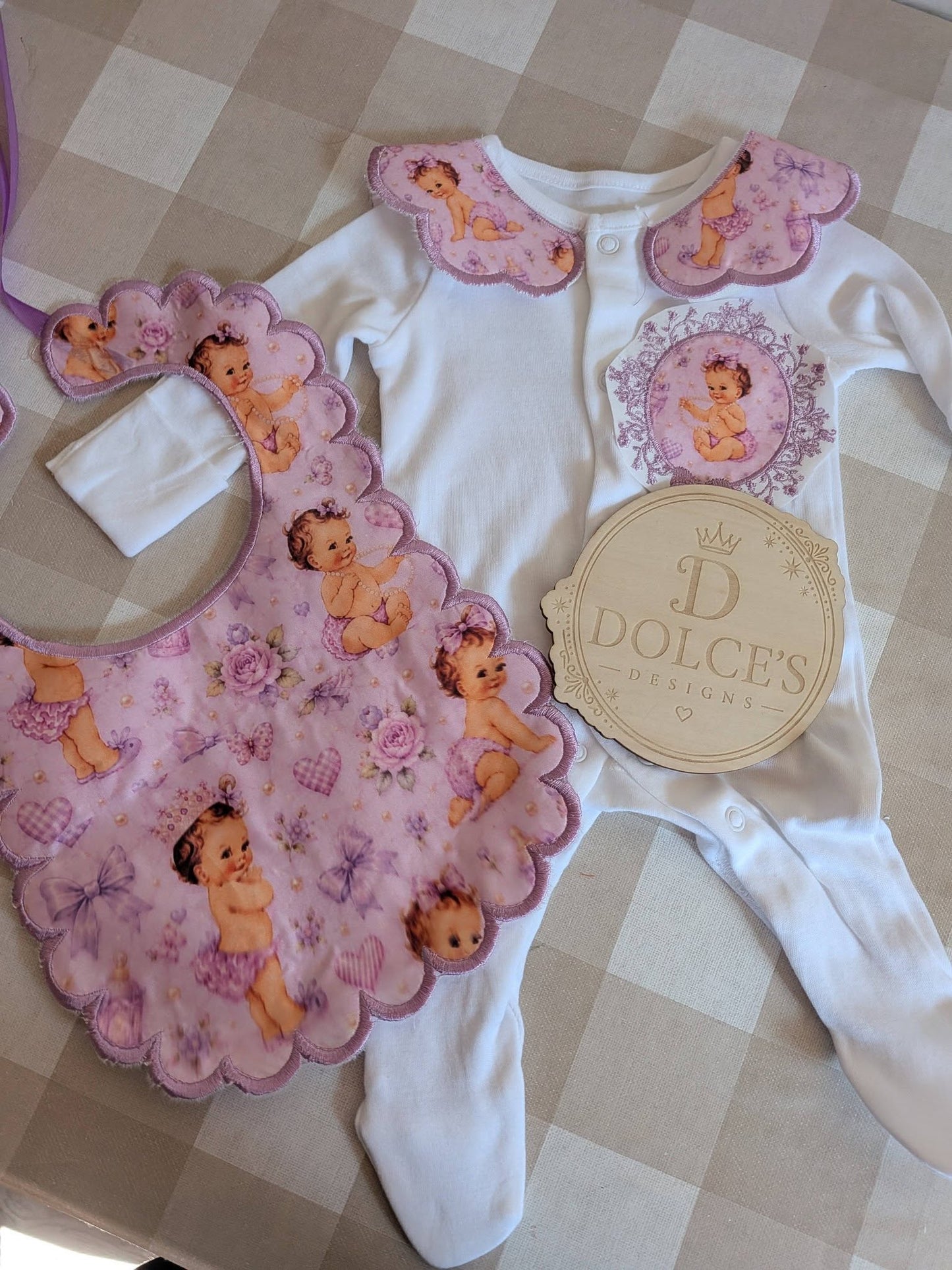 Personalised Lilac Baby Girl Set | Embroidered Babygrow & Handmade Scalloped Bib
