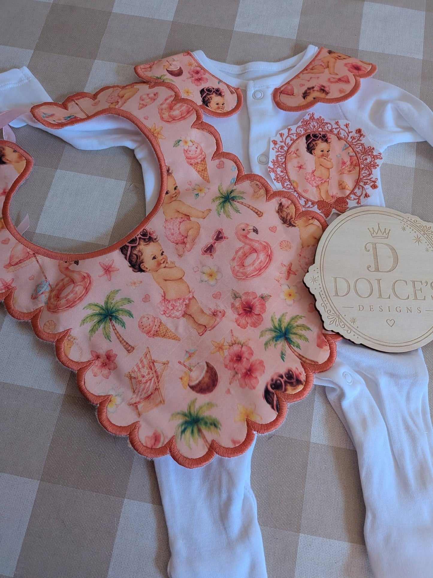 Personalised Summer Baby Girl Set | Embroidered Babygrow & Handmade Scalloped Bib