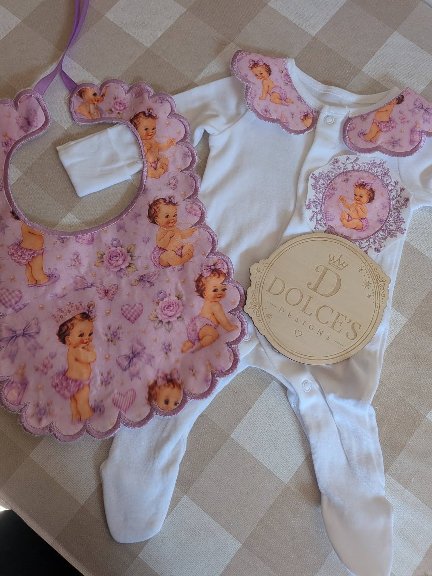 Personalised Lilac Baby Girl Set | Embroidered Babygrow & Handmade Scalloped Bib