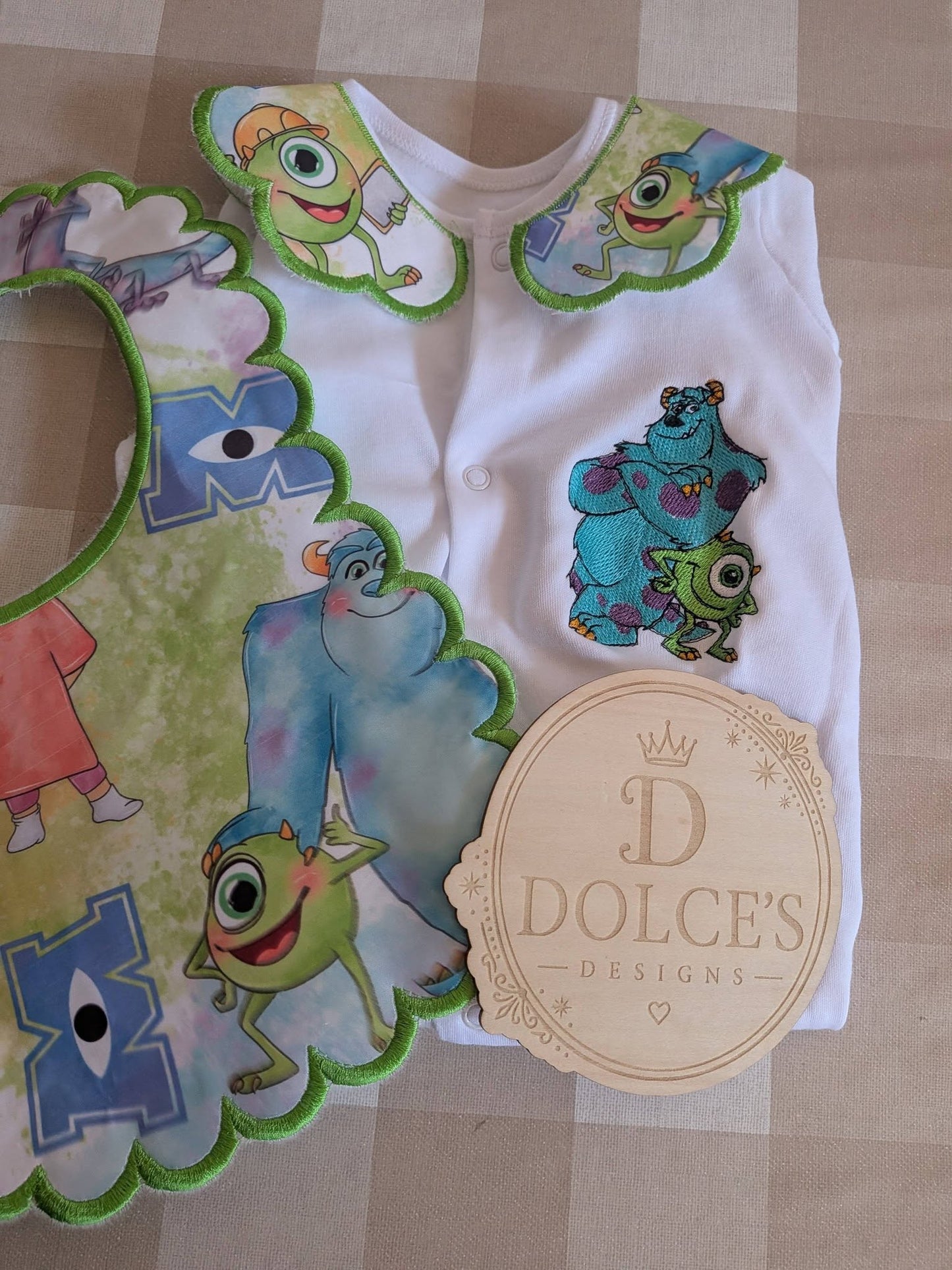 Personalised Monsters Inc Baby Set | Embroidered Babygrow & Handmade Scalloped Bib