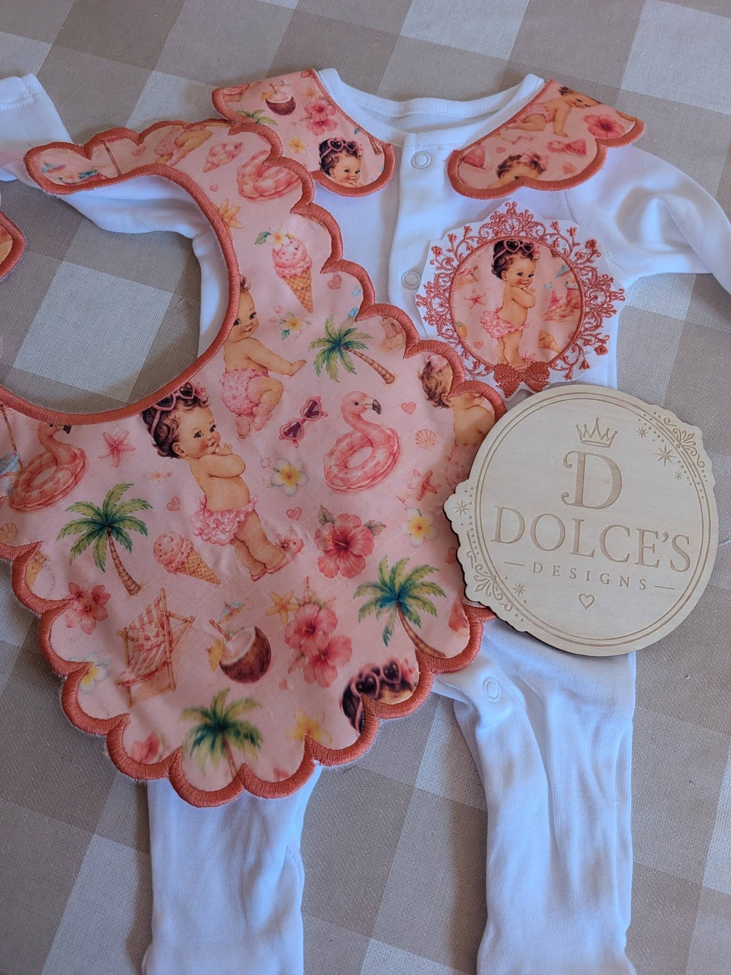 Personalised Summer Baby Girl Set | Embroidered Babygrow & Handmade Scalloped Bib