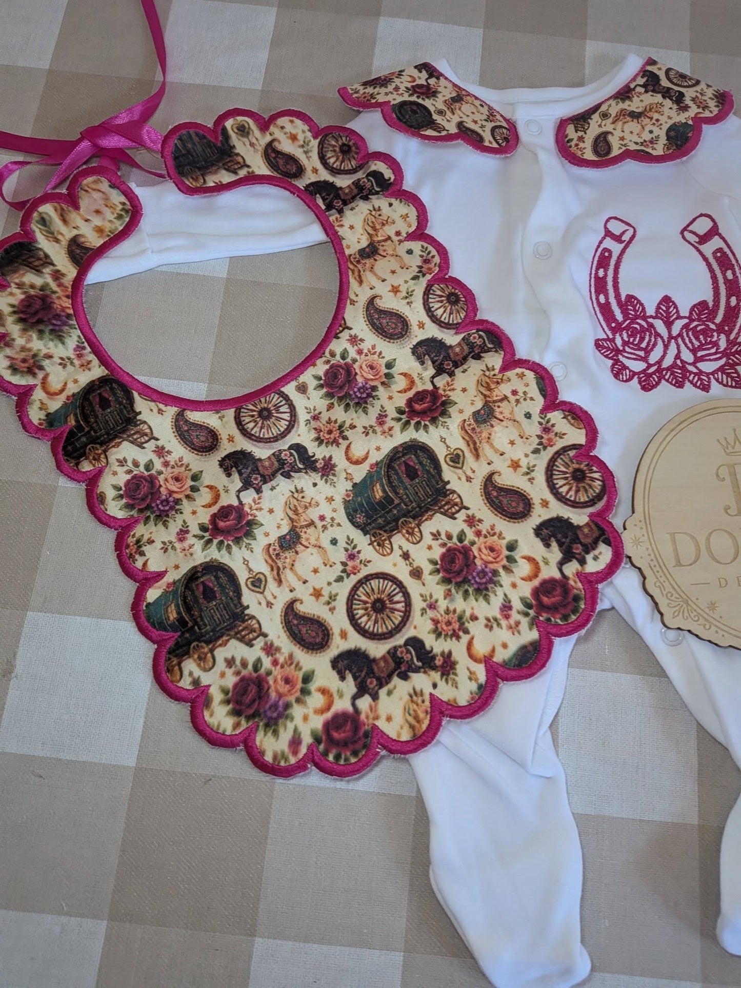 Personalised Romany Gypsy Traveller Wagon Baby Girl Set | Embroidered Babygrow & Handmade Bib