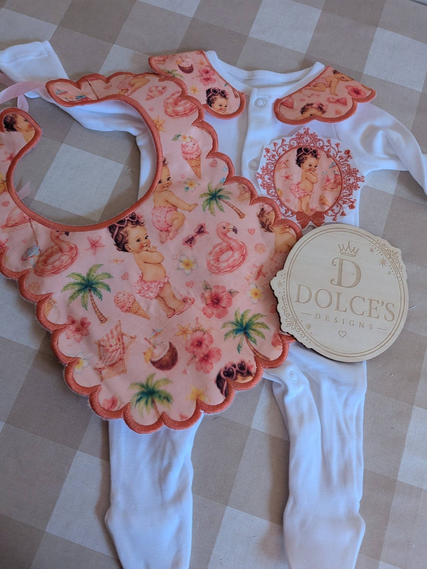 Personalised Summer Baby Girl Set | Embroidered Babygrow & Handmade Scalloped Bib