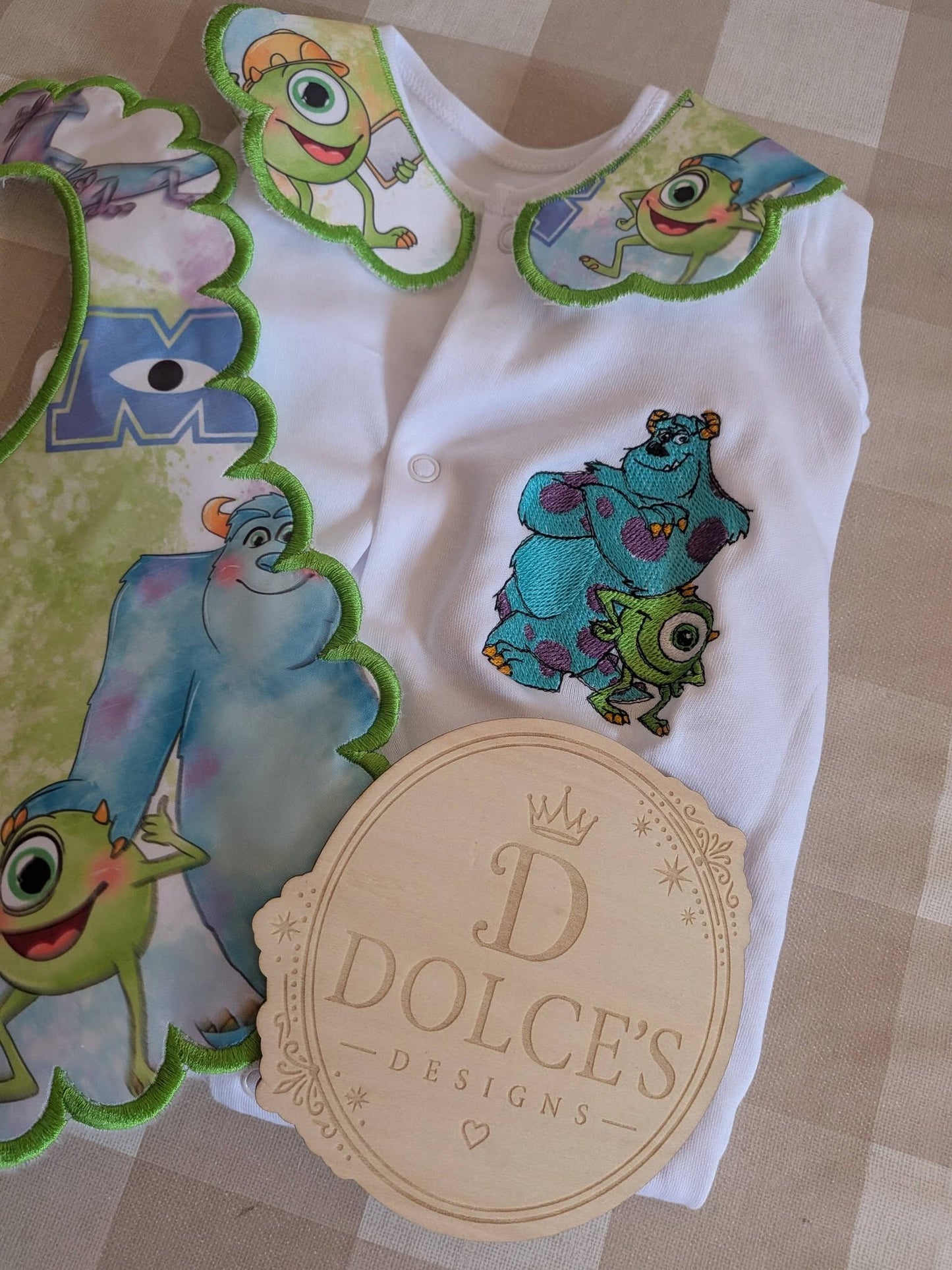 Personalised Monsters Inc Baby Set | Embroidered Babygrow & Handmade Scalloped Bib