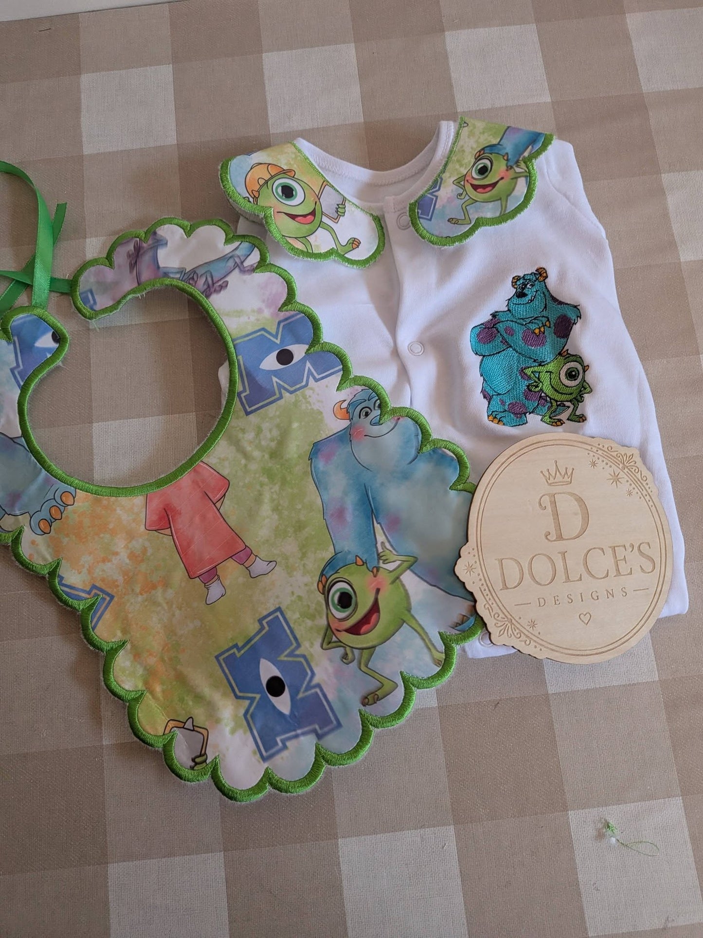 Personalised Monsters Inc Baby Set | Embroidered Babygrow & Handmade Scalloped Bib