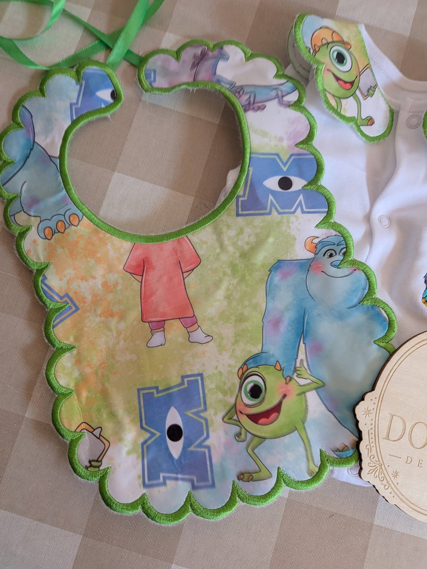 Personalised Monsters Inc Baby Set | Embroidered Babygrow & Handmade Scalloped Bib