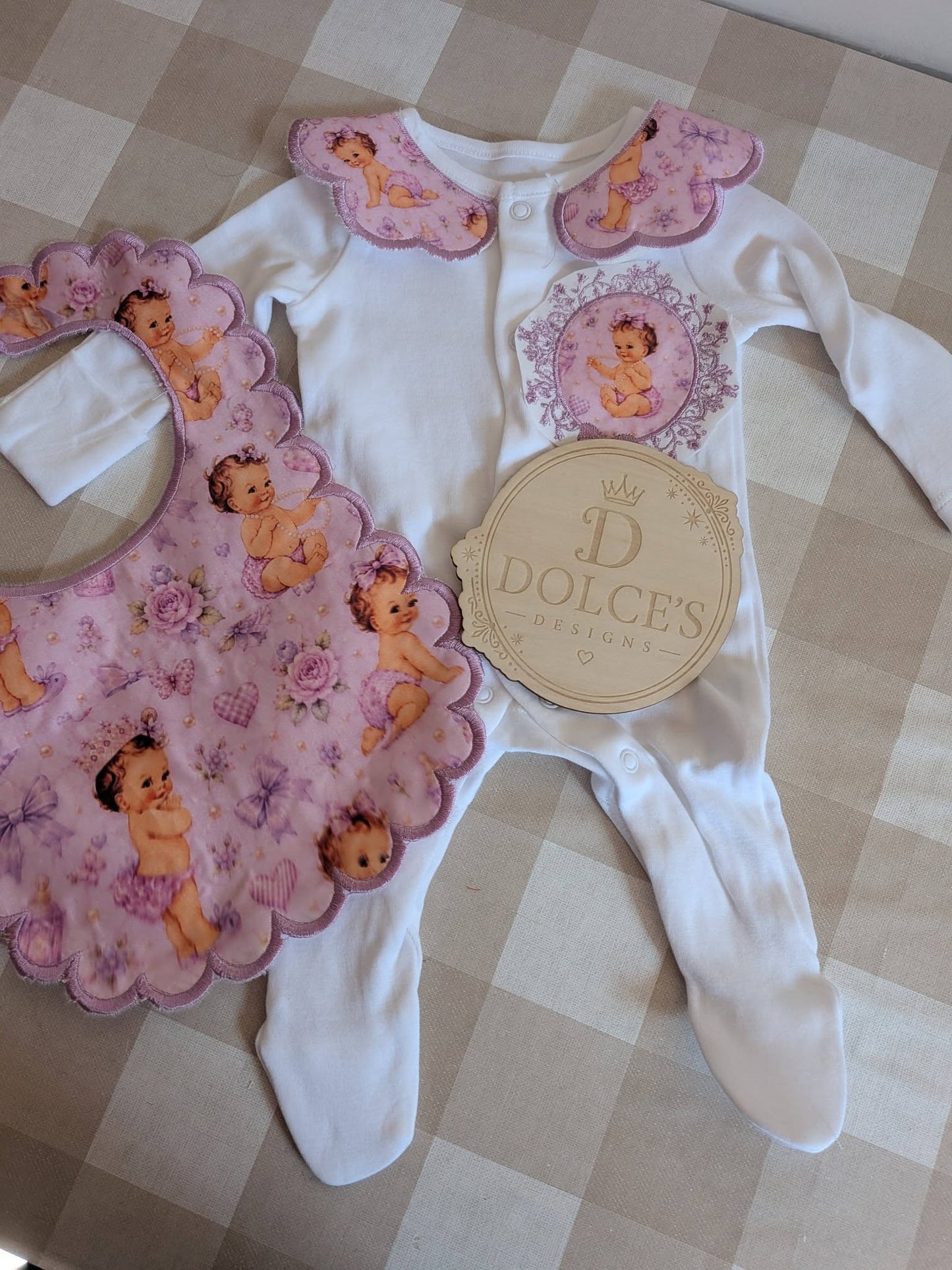 Personalised Lilac Baby Girl Set | Embroidered Babygrow & Handmade Scalloped Bib