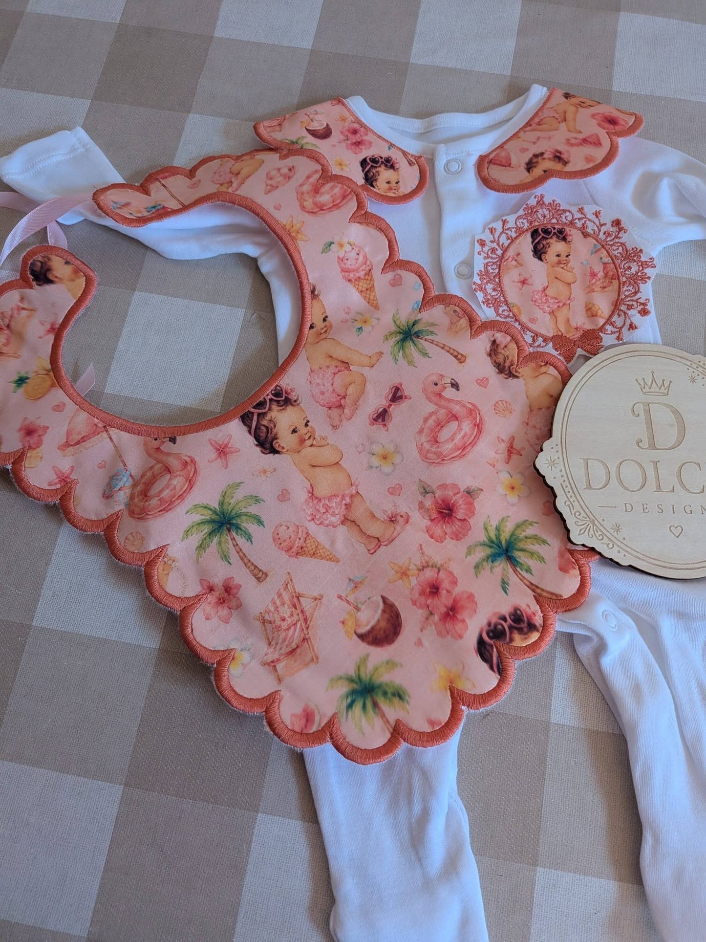 Personalised Summer Baby Girl Set | Embroidered Babygrow & Handmade Scalloped Bib