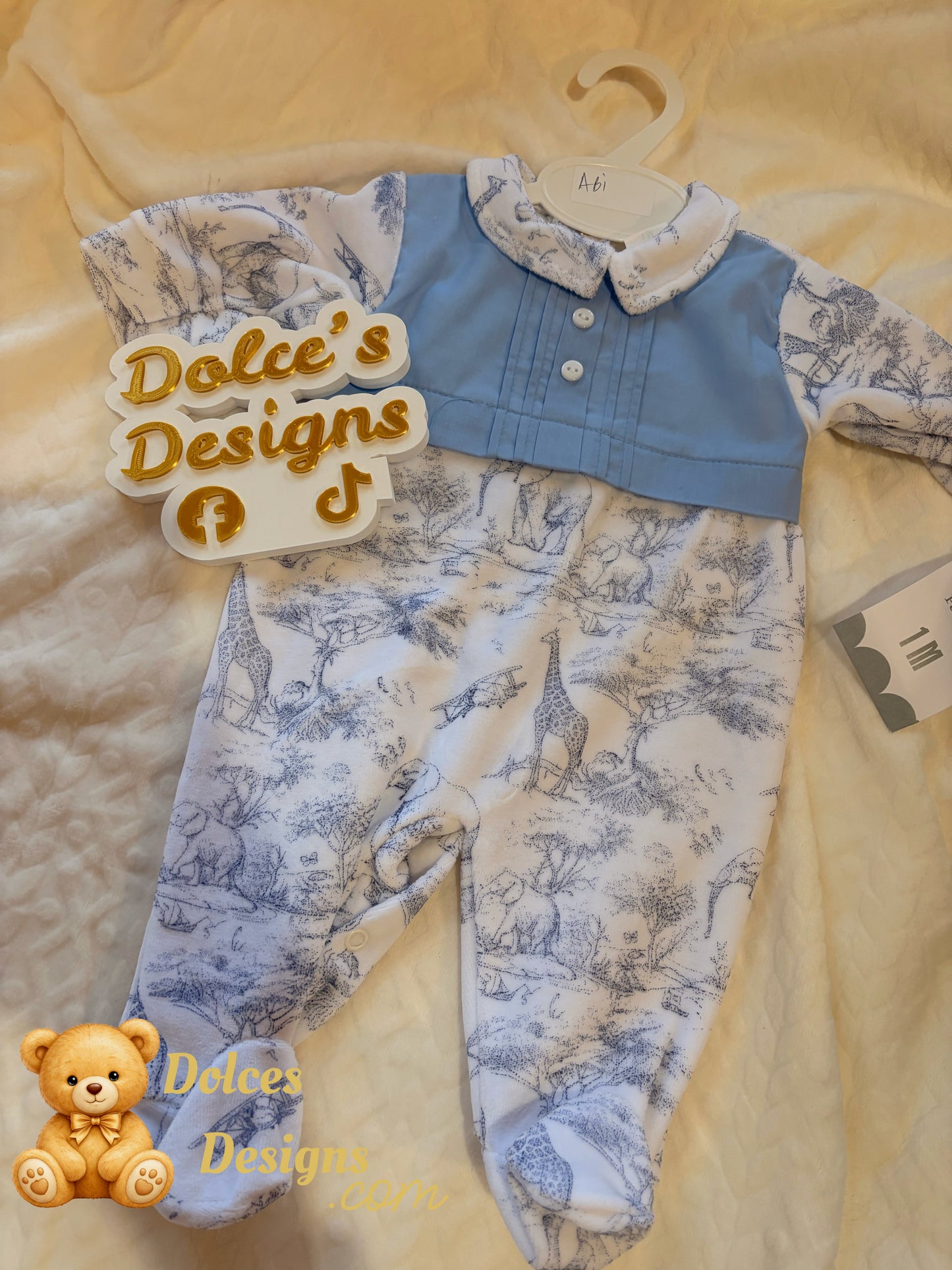 💙 Boys Safari Toile Babygrow with Blue Panel