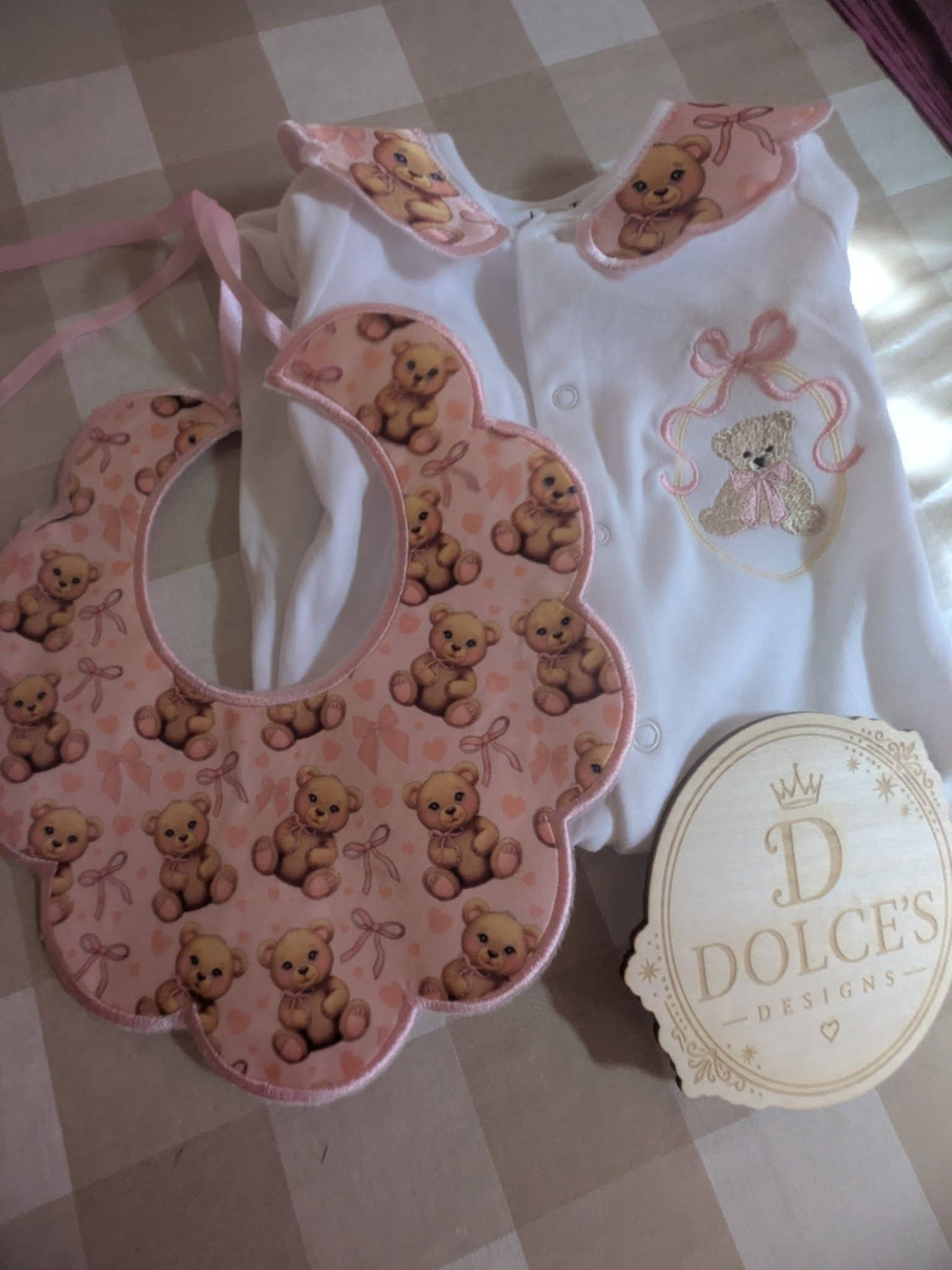 Luxury Pink Teddy Bear Baby Gift Set | Embroidered Peter Pan Collar Babygrow & Matching Bib | Boutique Baby Girl Outfit | Personalised