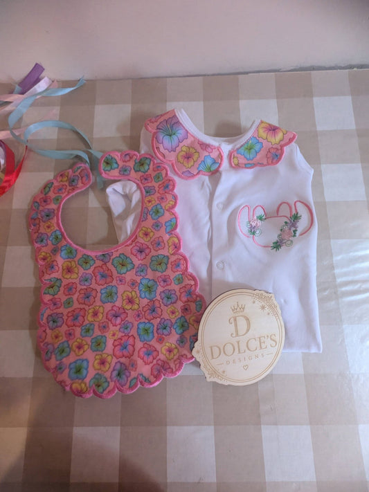 Luxury Tropical Angel Baby Gift Set | Embroidered Peter Pan Collar Babygrow & Matching Bib | Boutique Baby Girl Outfit | Personalised