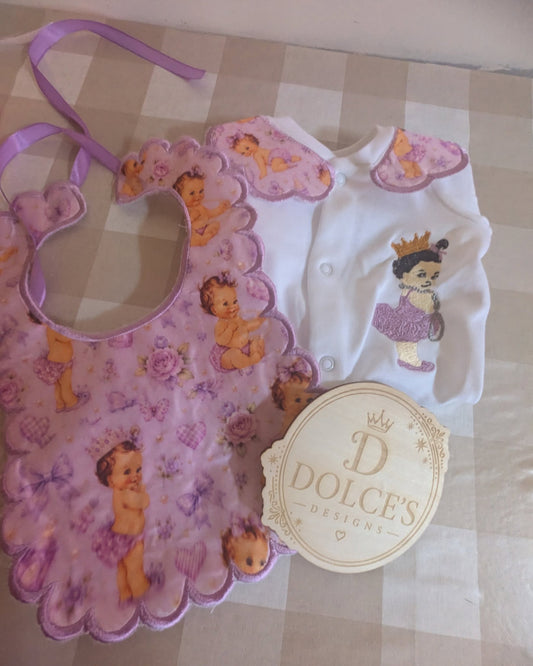 Luxury Vintage Princess Baby Gift Set | Embroidered Peter Pan Collar Babygrow & Matching Bib | Boutique Baby Girl Outfit | Personalised
