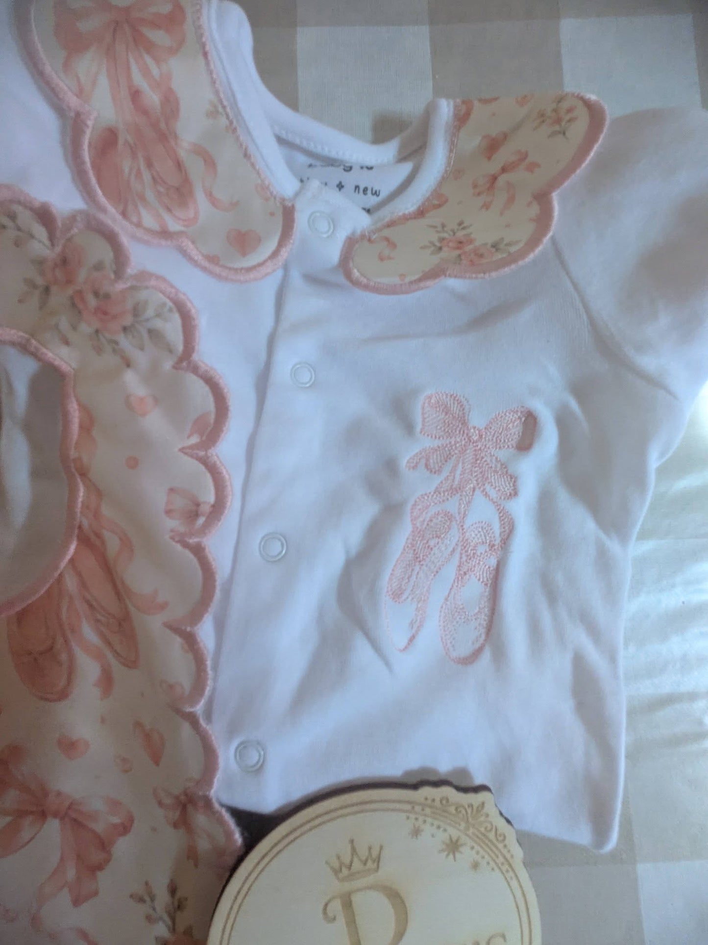 Pink Ballet Shoes Baby Gift Set | Embroidered Peter Pan Collar Babygrow & Matching Bib | Boutique Baby Girl Outfit | Personalised