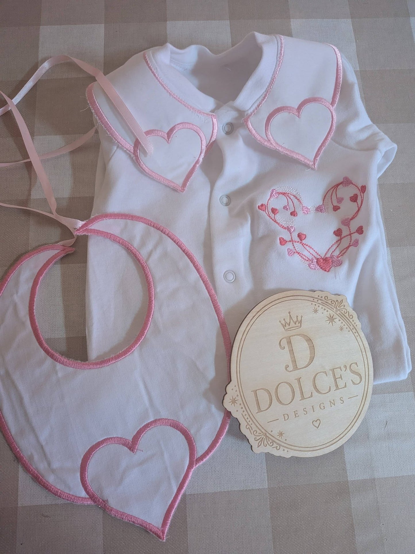 Luxury Love Heart Baby Gift Set | Embroidered Peter Pan Collar Babygrow & Matching Bib | Boutique Baby Girl Outfit | Personalised