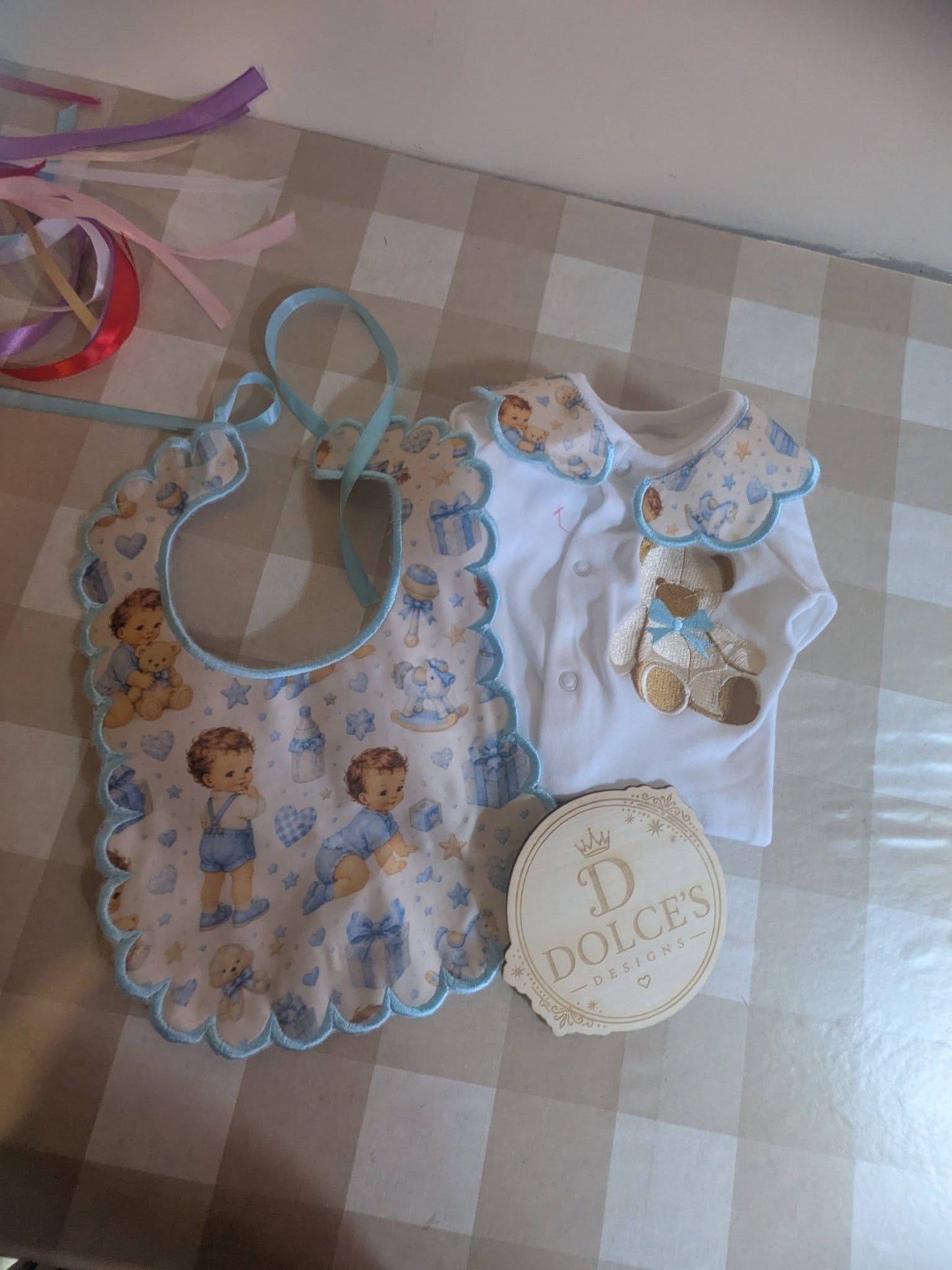Luxury Blue Teddy Bear Baby Gift Set | Embroidered Peter Pan Collar Babygrow & Matching Bib | Boutique Baby Boy Outfit | Personalised