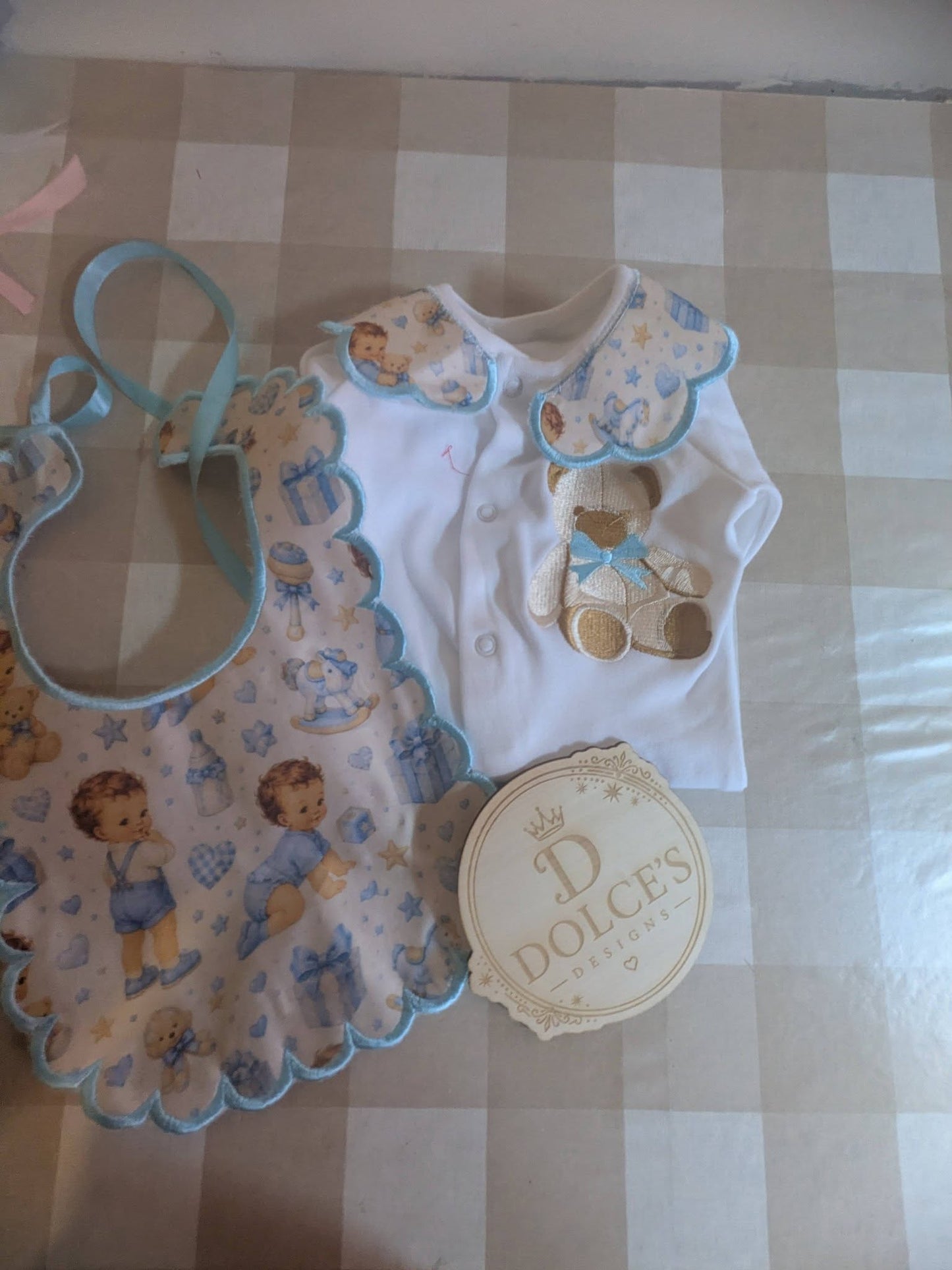 Luxury Blue Teddy Bear Baby Gift Set | Embroidered Peter Pan Collar Babygrow & Matching Bib | Boutique Baby Boy Outfit | Personalised
