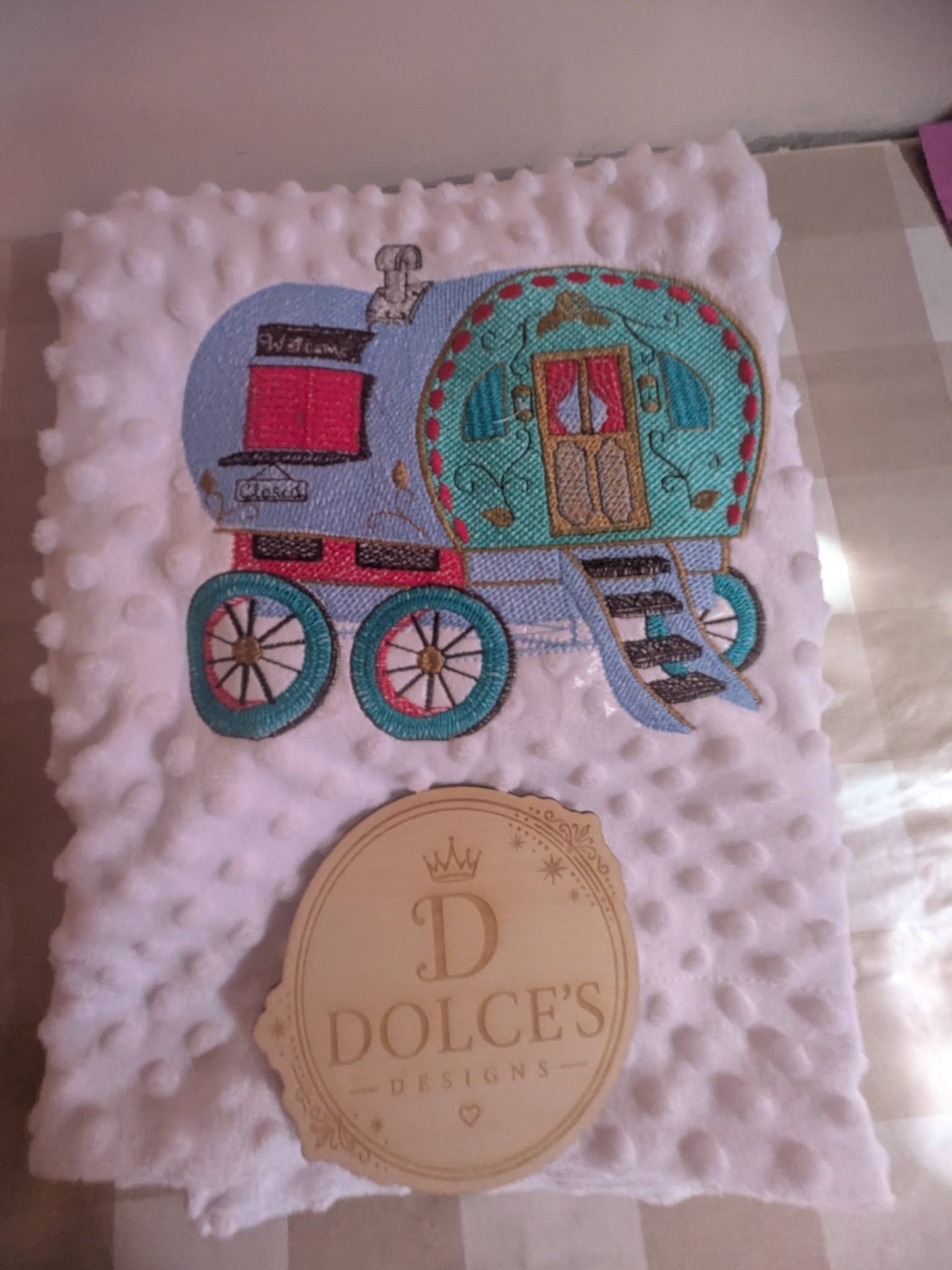 Luxury Gypsy Wagon Embroidered Baby Blanket | Soft White Minky Pram Blanket | Personalised Baby Blanket | New Baby Gift