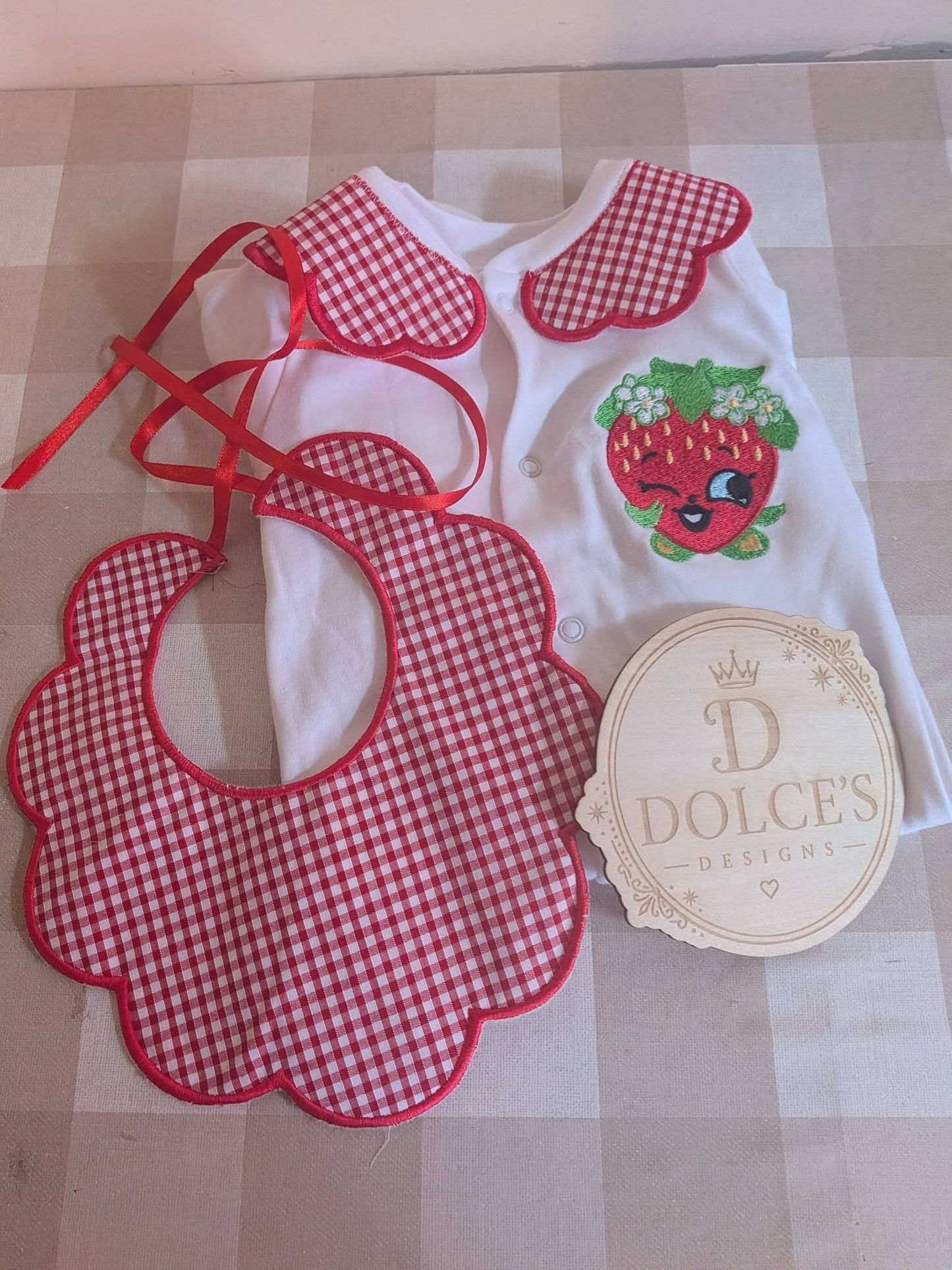 Luxury Strawberry Baby Gift Set | Embroidered Peter Pan Collar Babygrow & Matching Gingham Bib | Boutique Baby Outfit | Personalised