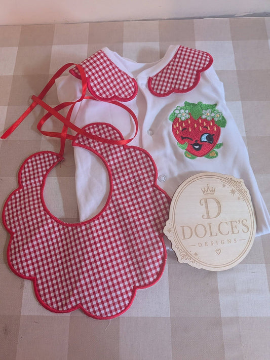 Luxury Strawberry Baby Gift Set | Embroidered Peter Pan Collar Babygrow & Matching Gingham Bib | Boutique Baby Outfit | Personalised