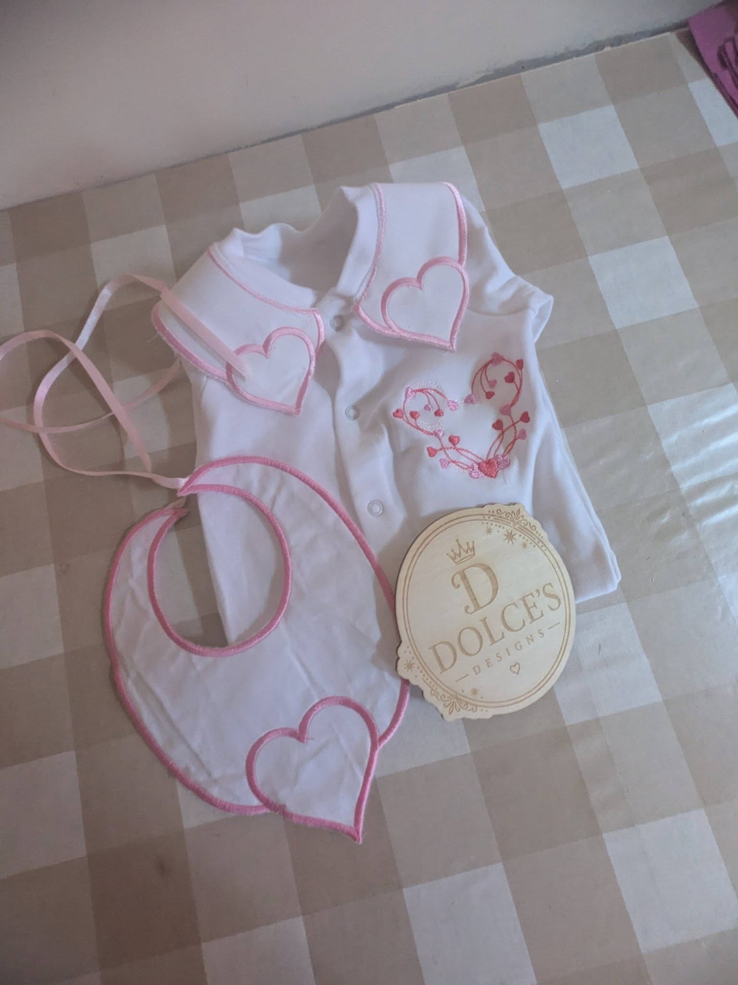 Luxury Love Heart Baby Gift Set | Embroidered Peter Pan Collar Babygrow & Matching Bib | Boutique Baby Girl Outfit | Personalised
