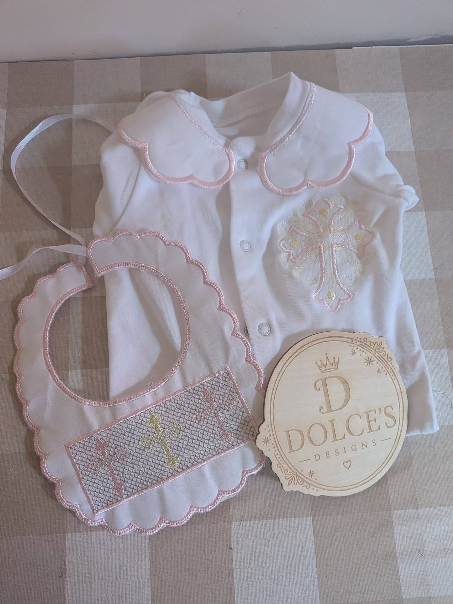 Luxury Faux Smocked Religious Cross Baby Gift Set | Embroidered Peter Pan Collar Babygrow & Matching Bib | Pink & Yellow Christening Outfit