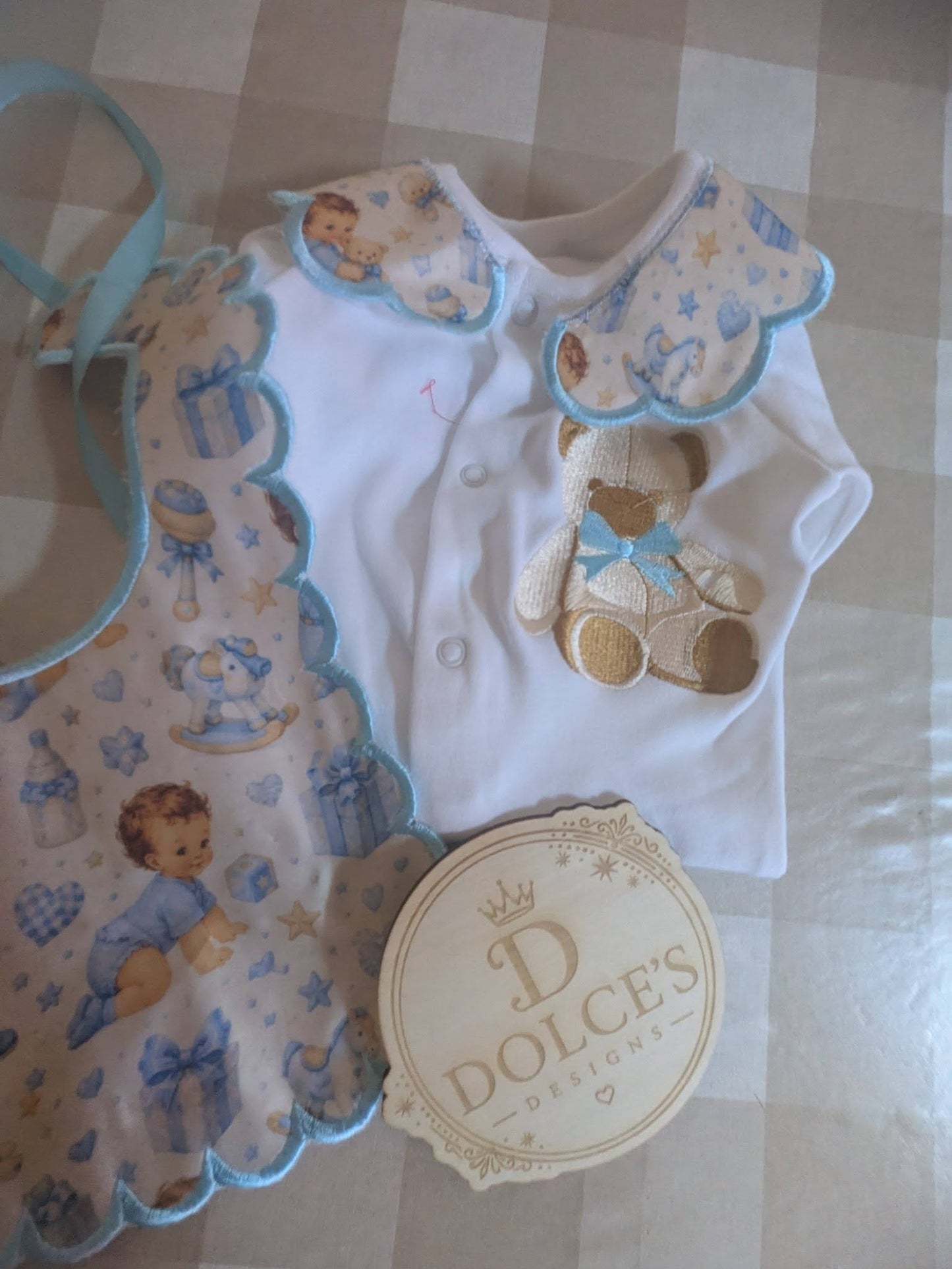 Luxury Blue Teddy Bear Baby Gift Set | Embroidered Peter Pan Collar Babygrow & Matching Bib | Boutique Baby Boy Outfit | Personalised