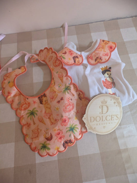 Luxury Tropical Princess Baby Gift Set | Embroidered Peter Pan Collar Babygrow & Matching Bib | Boutique Baby Girl Outfit | Personalised
