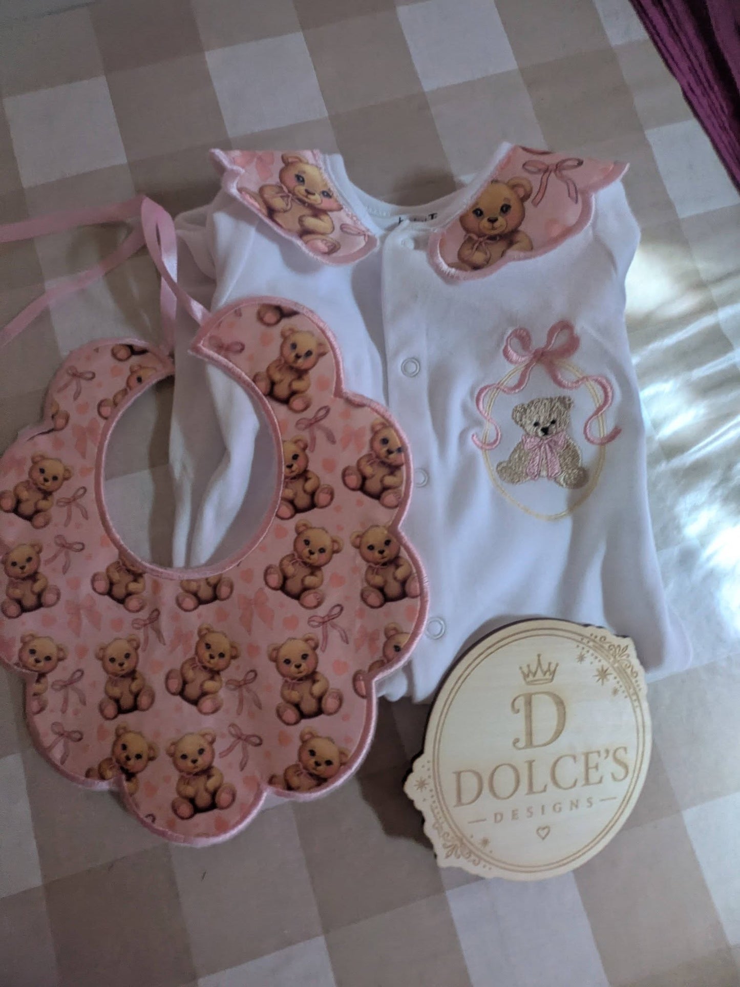 Luxury Pink Teddy Bear Baby Gift Set | Embroidered Peter Pan Collar Babygrow & Matching Bib | Boutique Baby Girl Outfit | Personalised