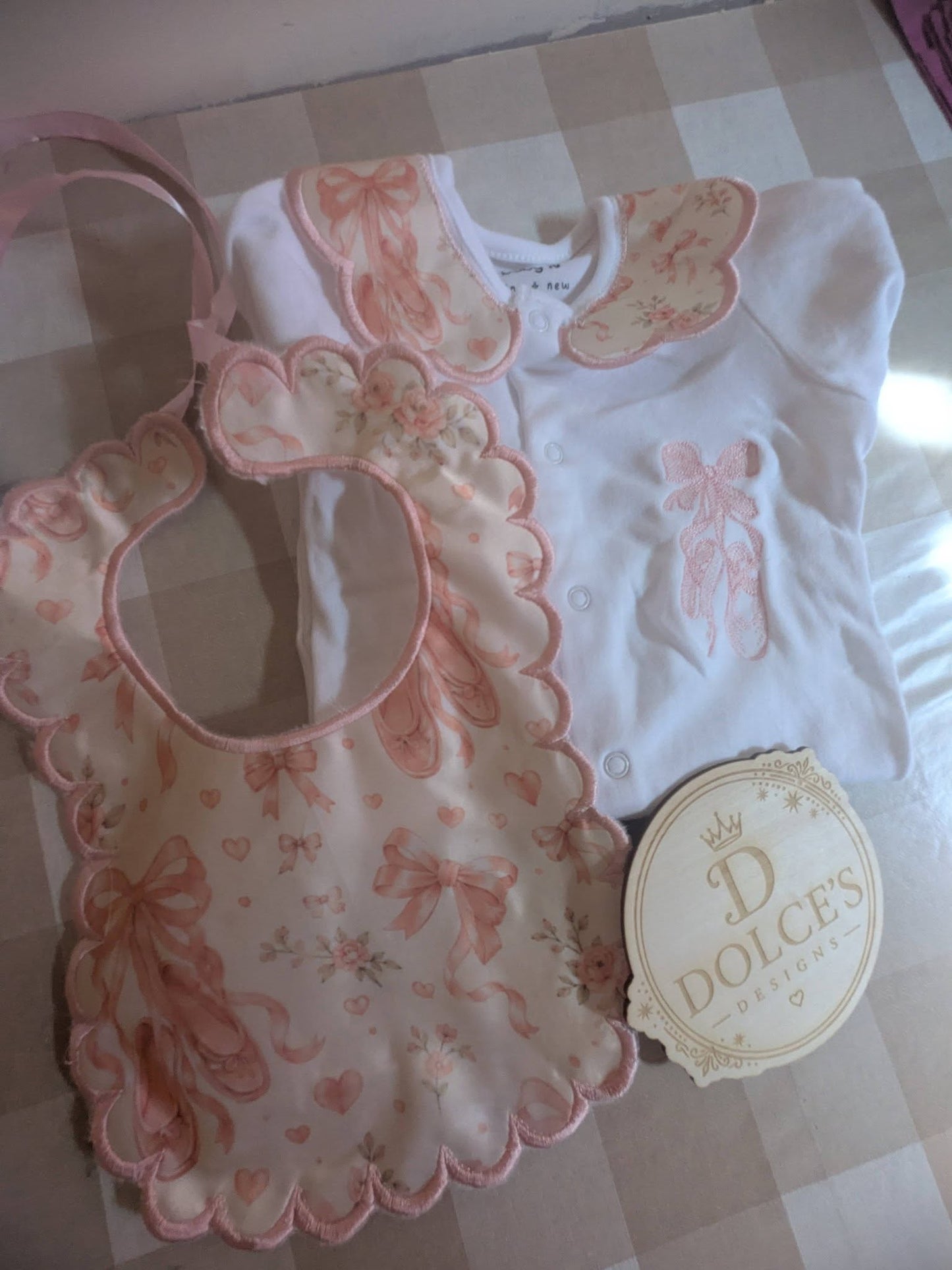 Pink Ballet Shoes Baby Gift Set | Embroidered Peter Pan Collar Babygrow & Matching Bib | Boutique Baby Girl Outfit | Personalised