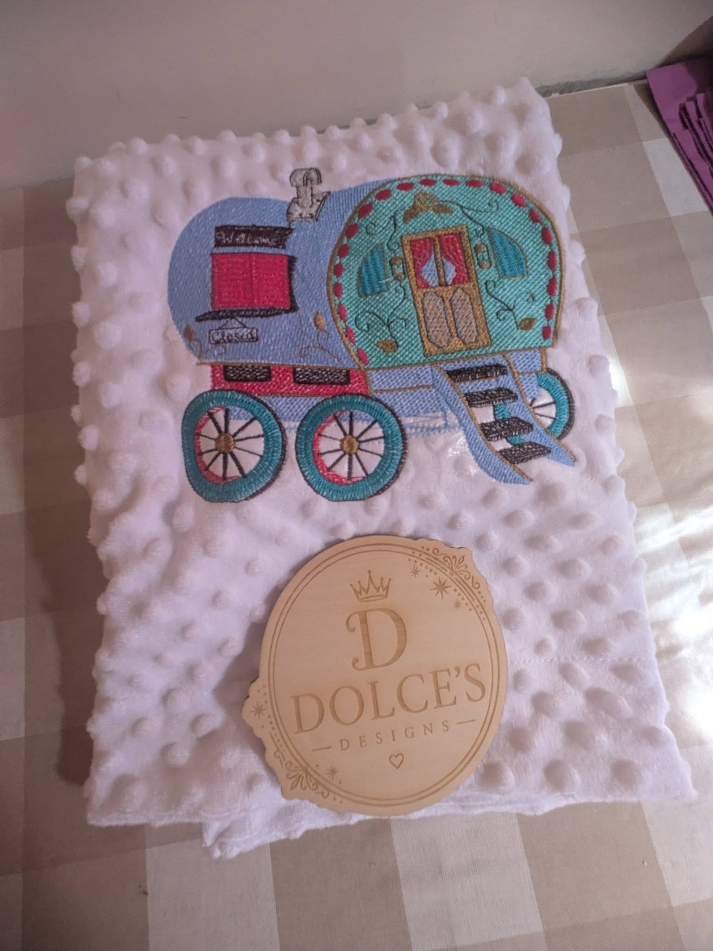 Luxury Gypsy Wagon Embroidered Baby Blanket | Soft White Minky Pram Blanket | Personalised Baby Blanket | New Baby Gift